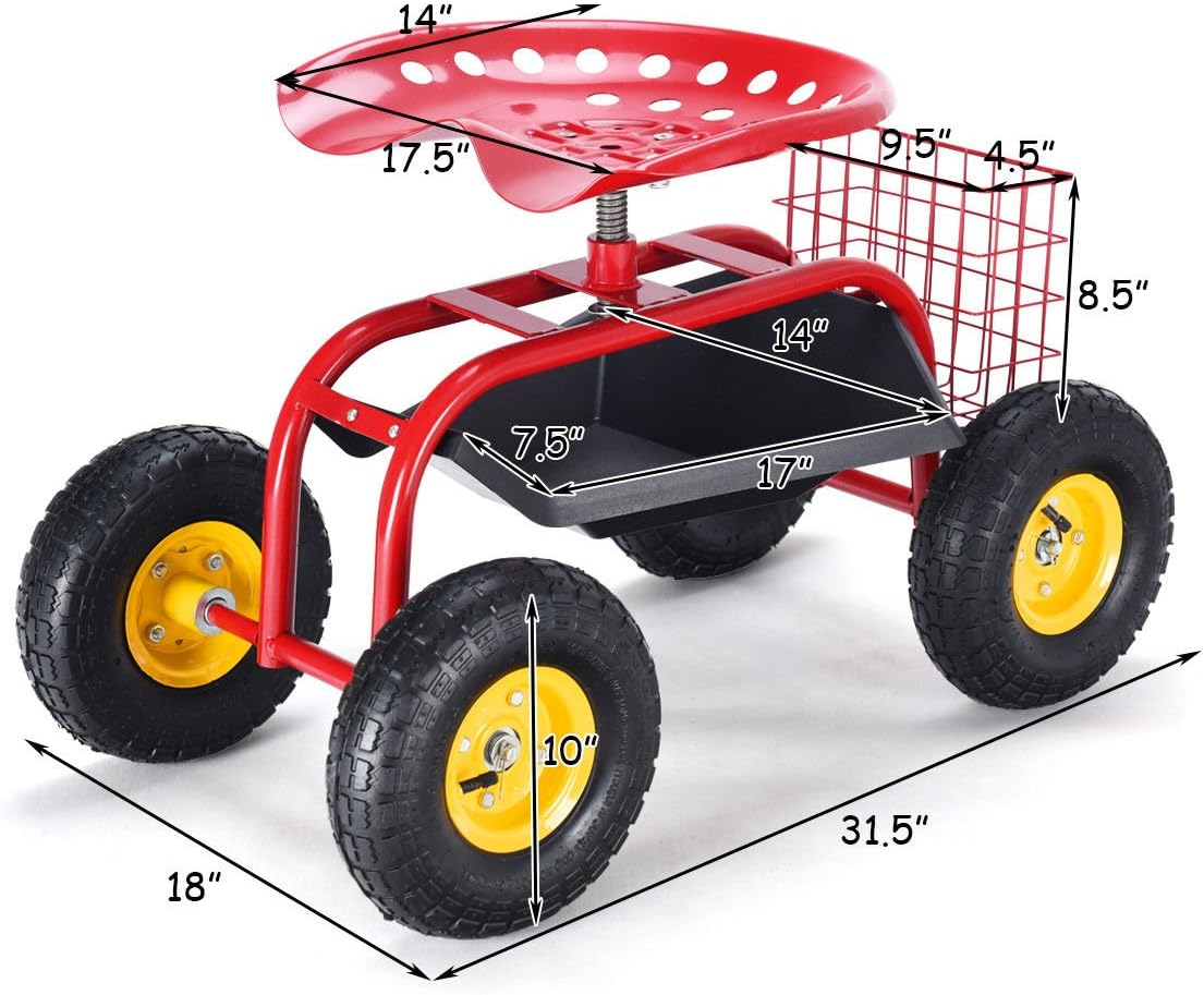 Giantex Rolling Garden Work Seat, 360 Swivel Gardening Workseat with Wheels, Tool Basket, Adjustable Height, Outdoor Scooter for Sitting, Gardening Stool Chair for Planting Trimming, Red image number 3