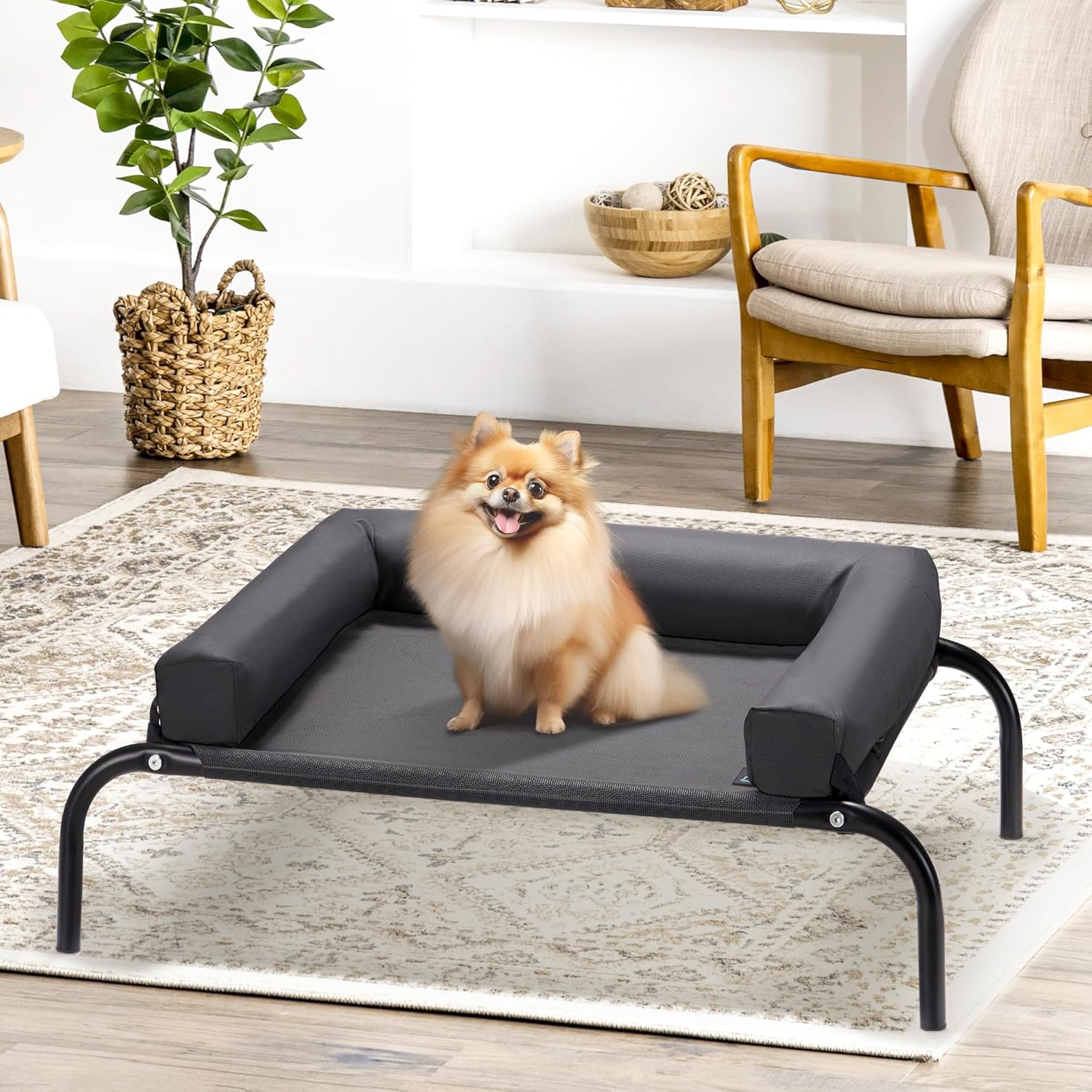 Elevated Cooling Dog Bed with Cushions, Raised Pet Cot for Small Medium Dogs, Portable & Machine-Washable, Non-Slip Rubber Feet, Indoor & Outdoor Use, Black, Medium(88X64X20Cm) image number 5