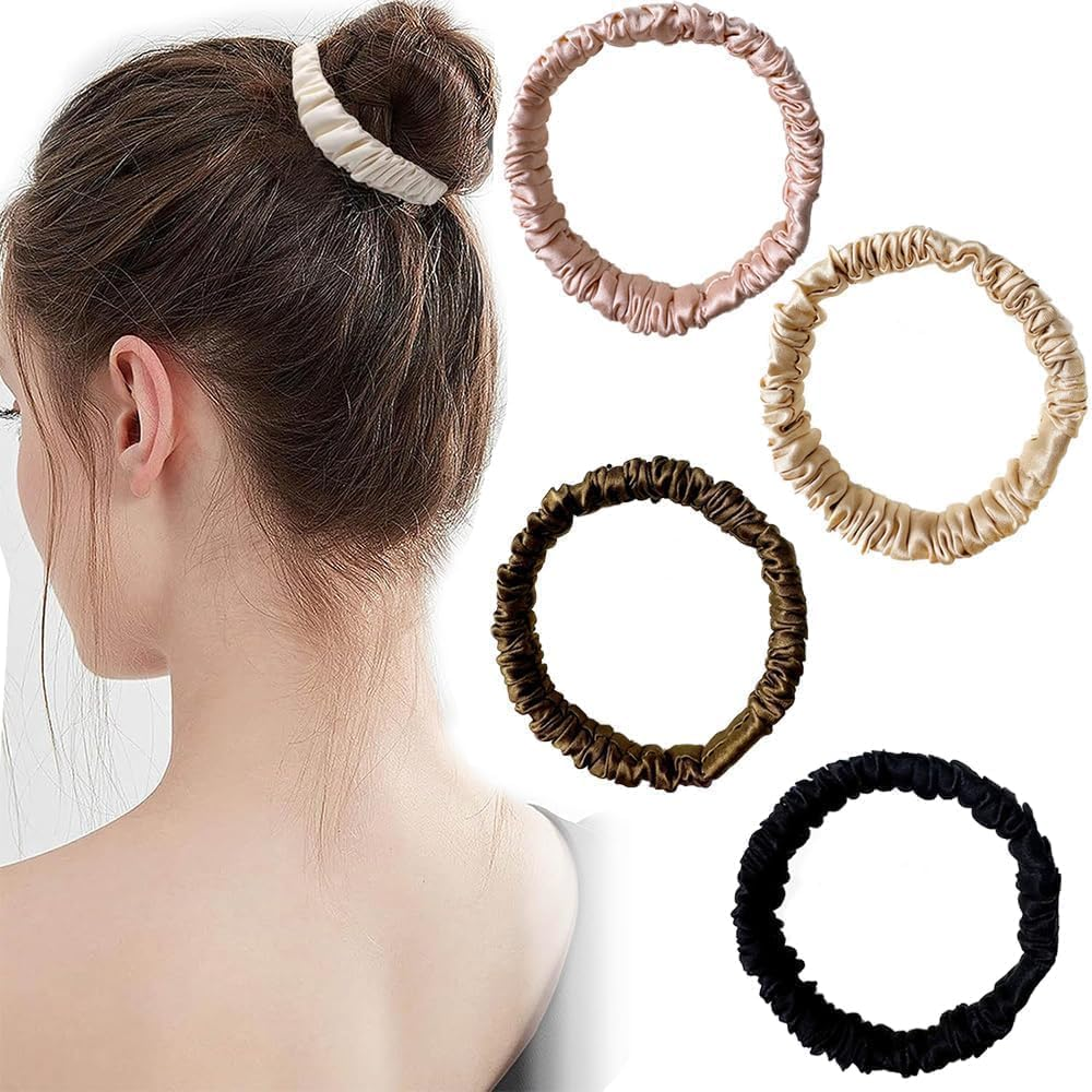 4 Pcs Silk Scrunchie,Pure Mulberry Silk Scrunchie-Frizz & Breakage Prevention-Hair Care Ponytail Holders for Women,Small Slim Hair Tie Curly Hair Luxurious Elastic Scrunchies Set image number 5