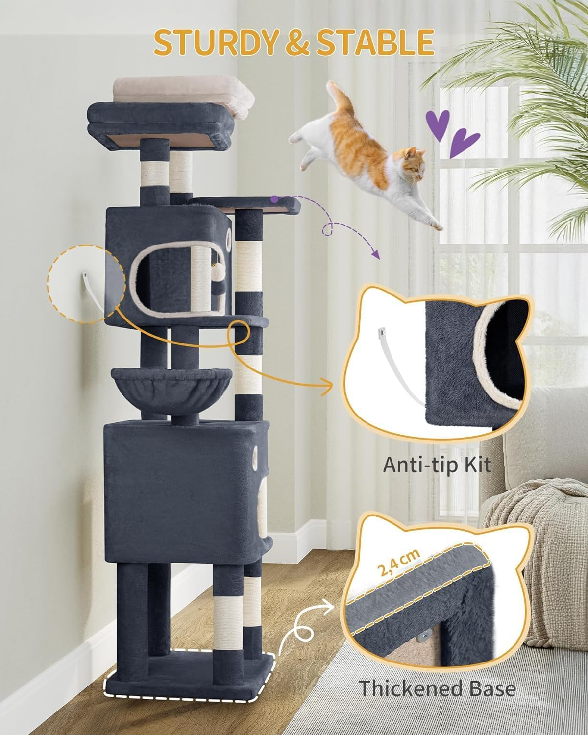 Hzuaneri Cat Tree for Indoor Cats, Cat Tower, Multi-Level Cats Condo with 8 Scratching Posts, 3 Platforms, 2 Caves, Basket, Plush Balls, Sisal Rope, Anti-Tip Kit, 180Cm Dark Gray MS18018SG image number 4