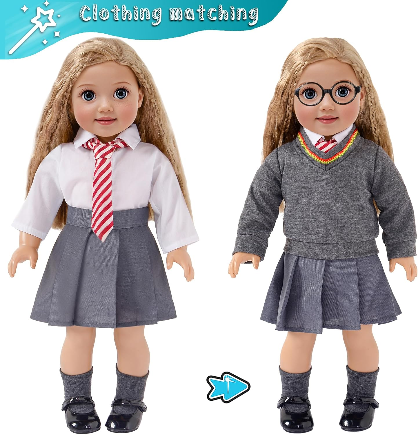 Ebuddy 10Pc/Set Hermione Inspired Doll Clothes Outfits for 18 Inch American Girl Dolls Includes Shirt, Skirt, Sweater, Tie, Socks, Robe, Magic Wind, Imitate Book and Shoes Glasses - Set-2 image number 5