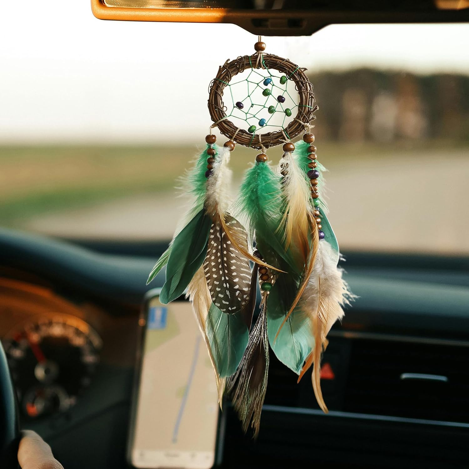 Mini Dream Catcher for Car Rear View Mirror Accessories - Handmade Small Brown Dreamcatchers Boho Car Charm Interior Decor, Native Ameican Indian Hanging Ornament Room Decor