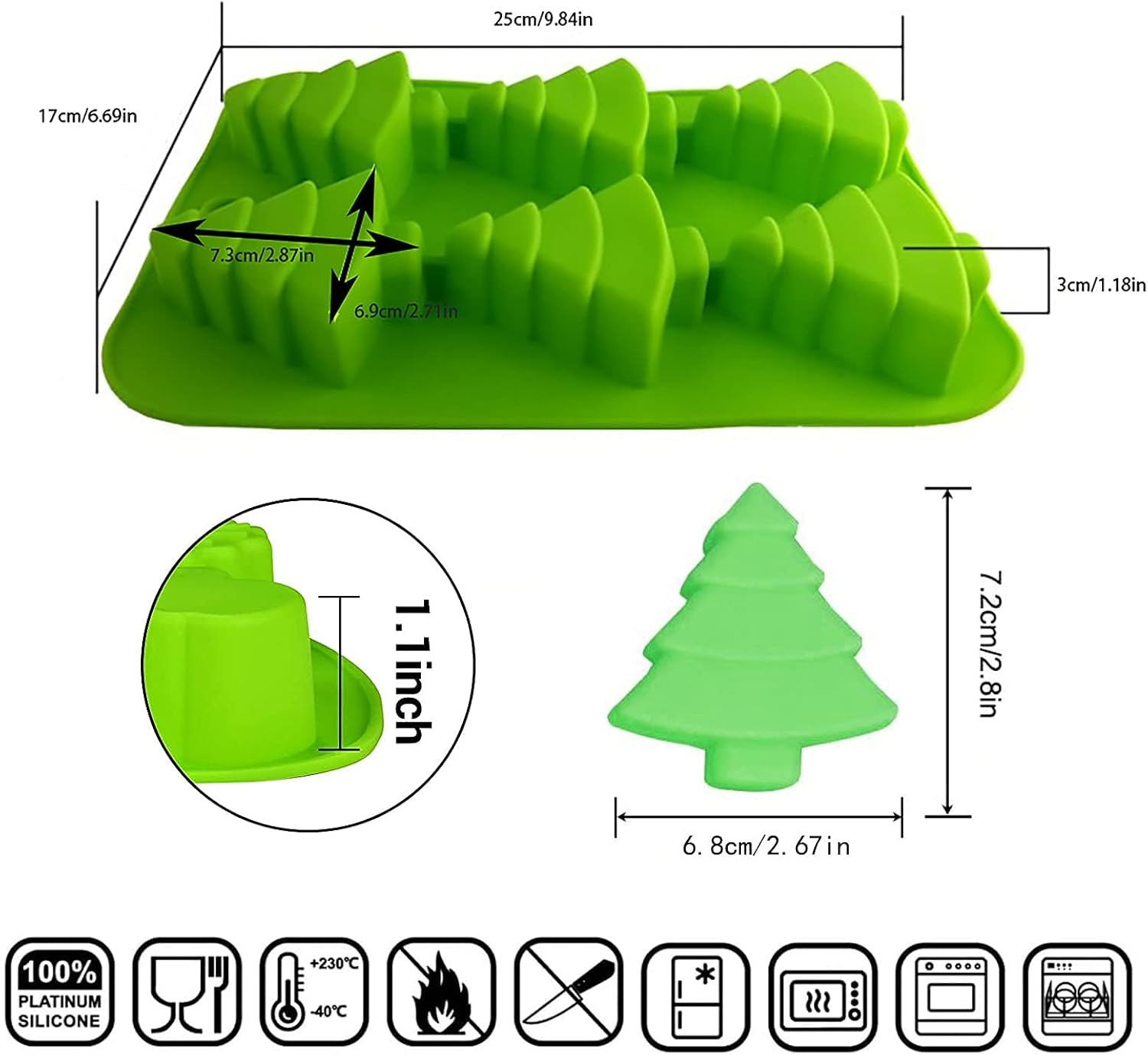 6 Christmas Tree Silicone Molds, Multipurpose Baking Trays, Non-Stick, Heat Resistant, Green image number 4