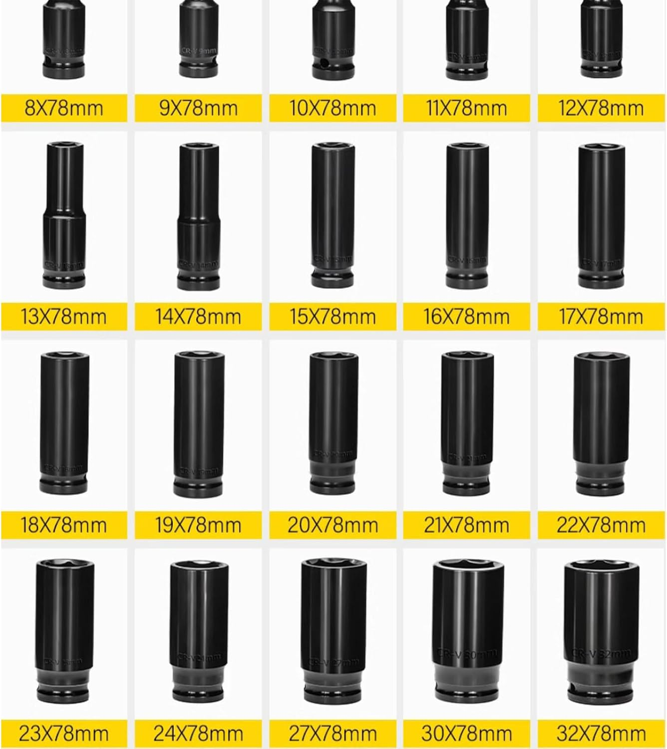 Yanzisura Deep Well Socket Set - 8-32MM Heavy Duty Socket Set,20X Driver Adapter Extractor Tool 1/2 Inch for Automotive Repair Maintenance Industrial