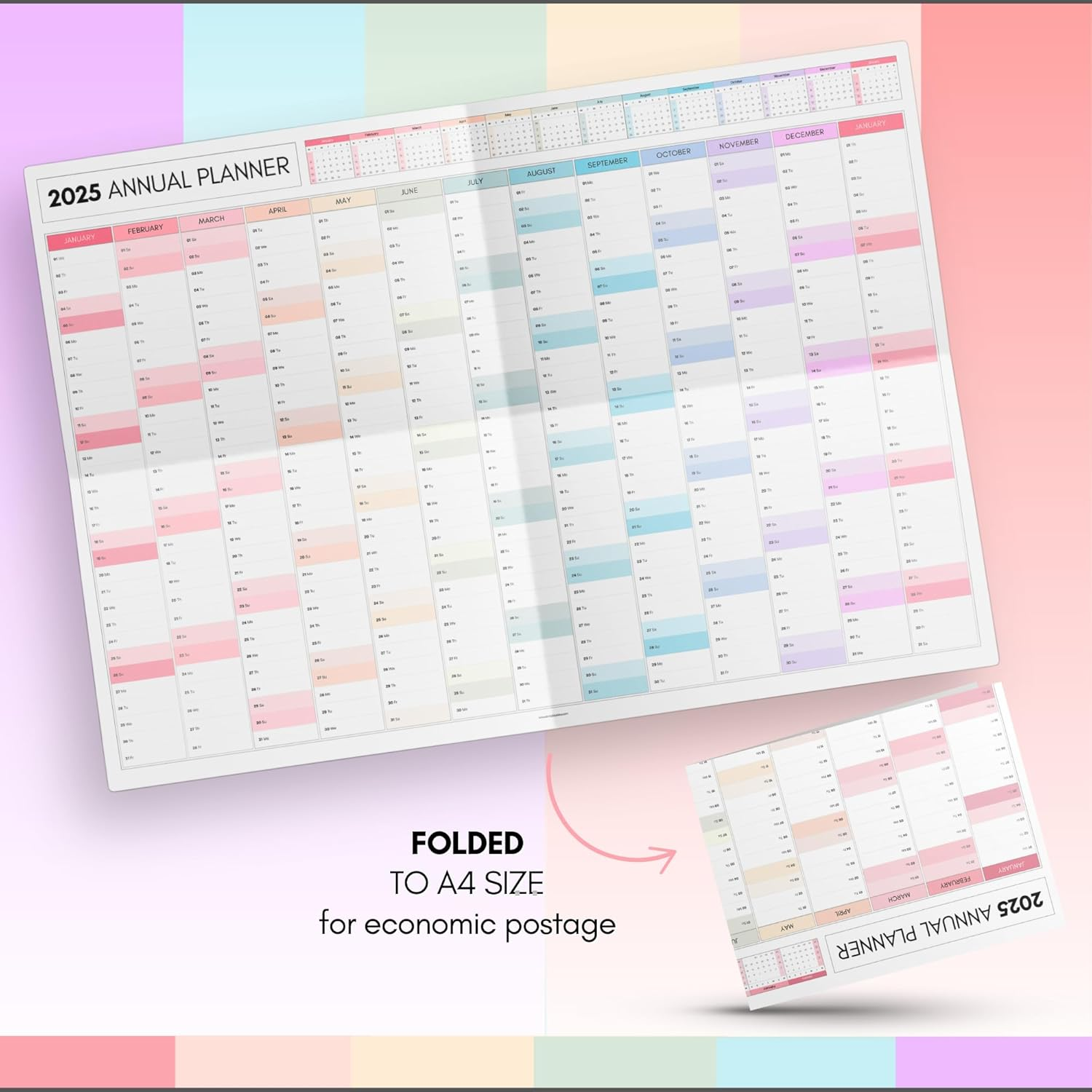 2025 Monthly Wall Planner, A2 60Cm X 42Cm | Rainbow Wall Calendar 2025, Year Planner, Full Year to View | Organiser for Office, University, School | Colorful (Rolled) image number 4