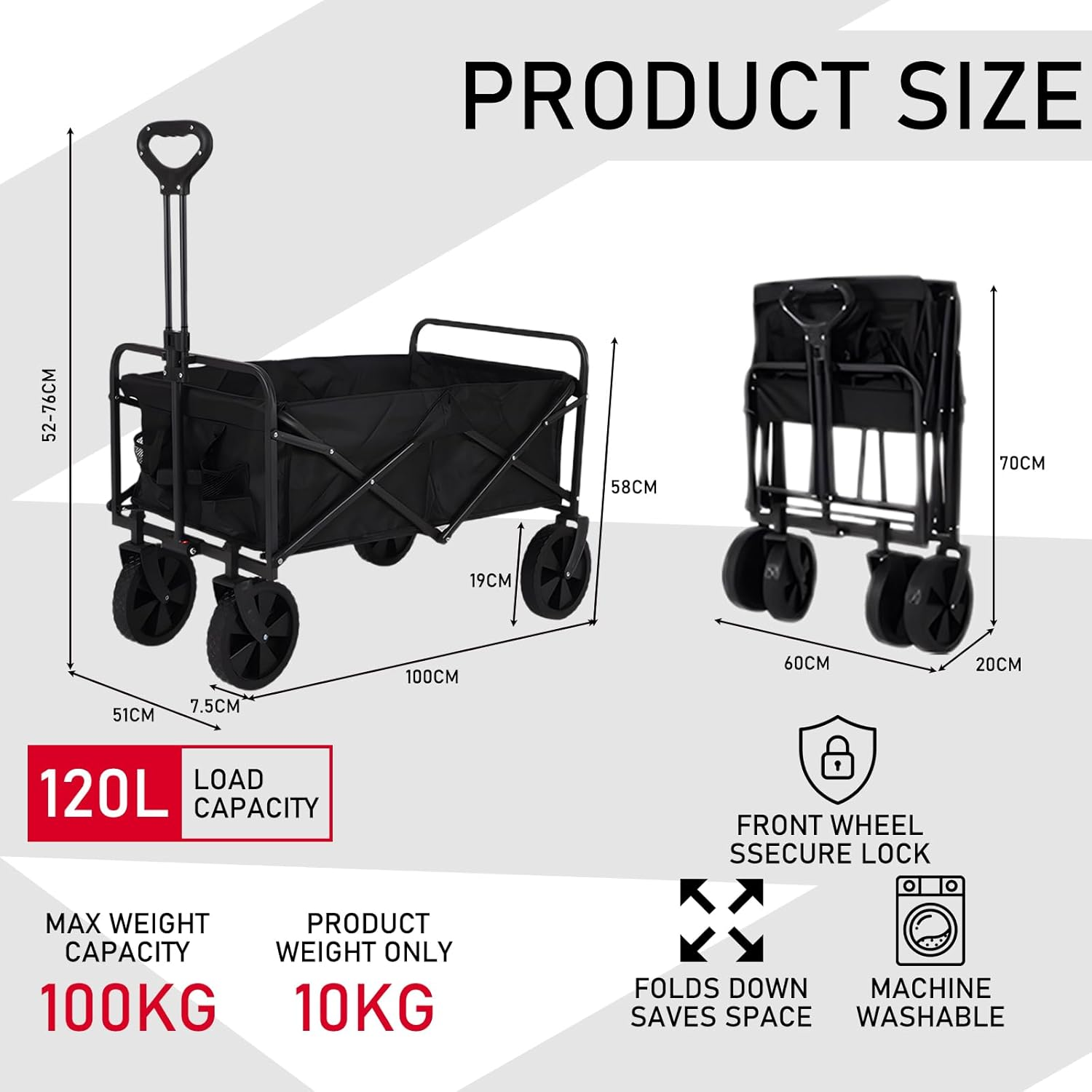 Festival Trolley on Wheels, Camping Folding Wagon, Portable Camping Cart Collapsible Foldable Trolly for Beach Outdoor Garden Picnic Shopping Fishing, Wide Wheels, Adjustable Handle, Black image number 4