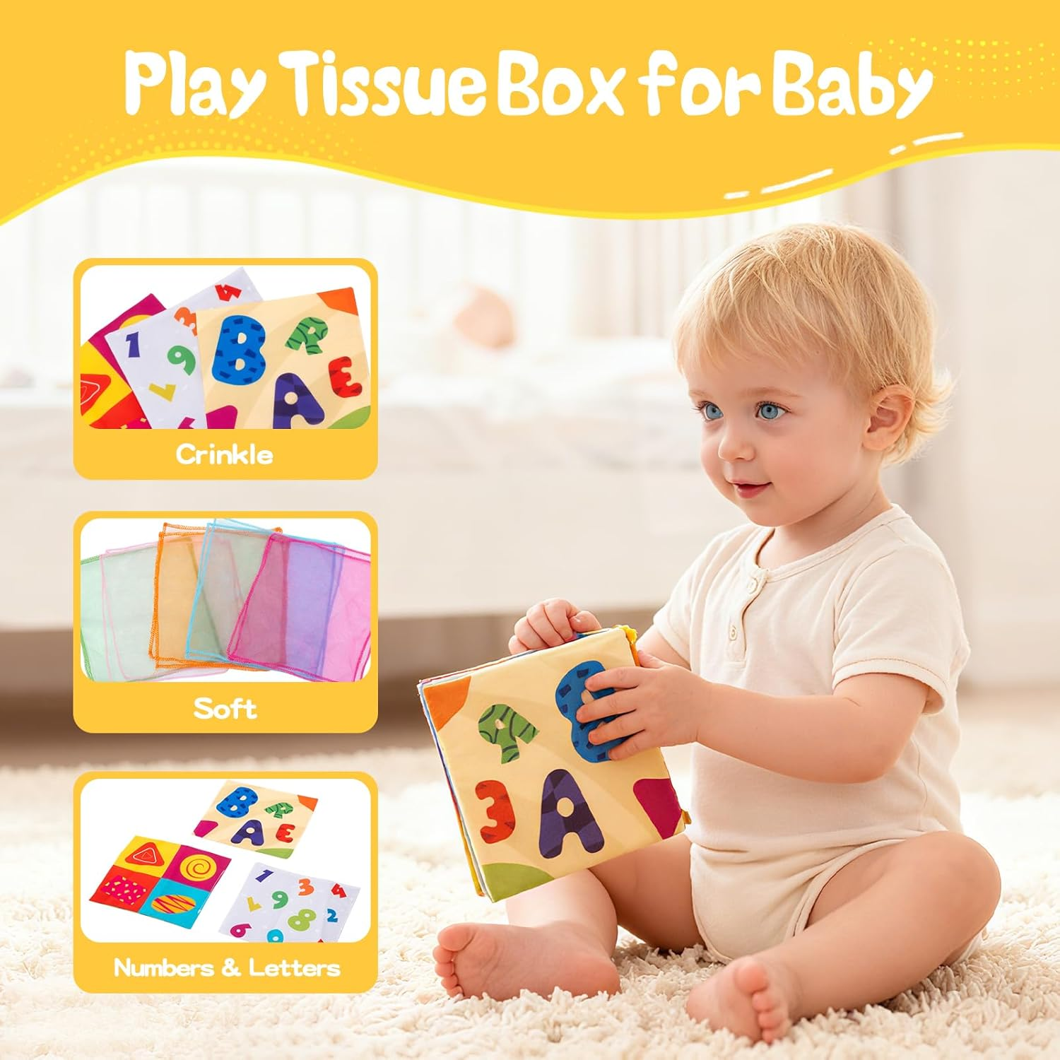 Baby Toys 6-12 Months, 5 in 1 Montessori Toys for Baby, Infant Soft Building Blocks, Stacking Rings, Pull String, Tissue Box and Shape Sorter Cube Toy, Toddlers Aged 1-3 image number 6