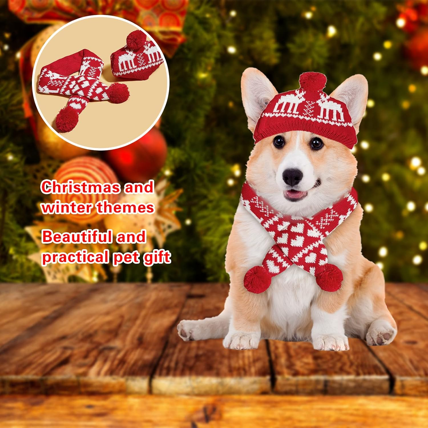 2 Pieces Christmas Pet Hat Scarf Set Winter Warm Puppy Collar Knitting Pet Hat Dog Cat Costume Accessories Adjustable Print Scarf and Hat for Small to Medium Pets (Medium, Deer) image number 3