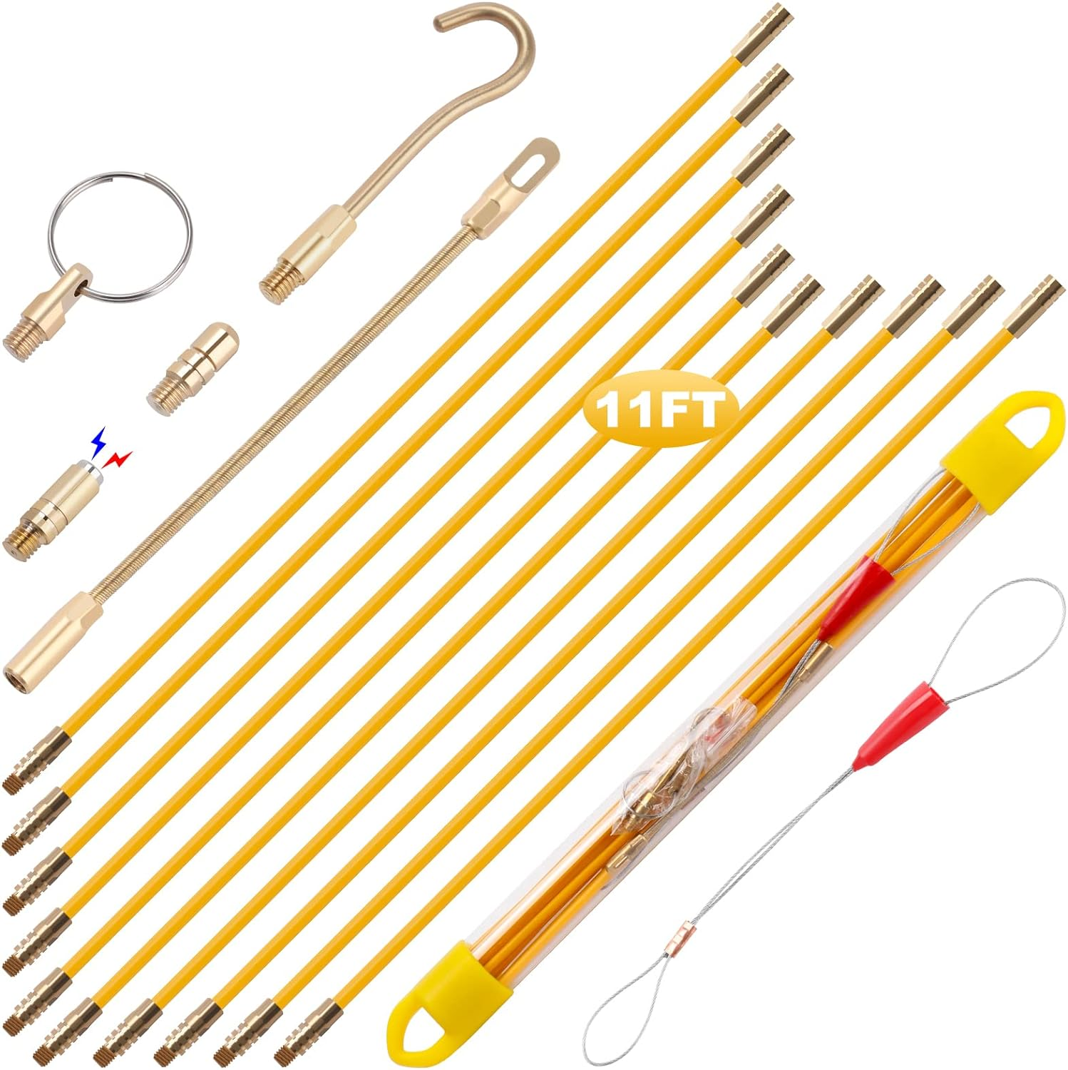Boeray 11' Fiberglass Running Electrical Wire Cable Pulling Fish Tape Kit with 5 Different Attachments in a Carrying Case