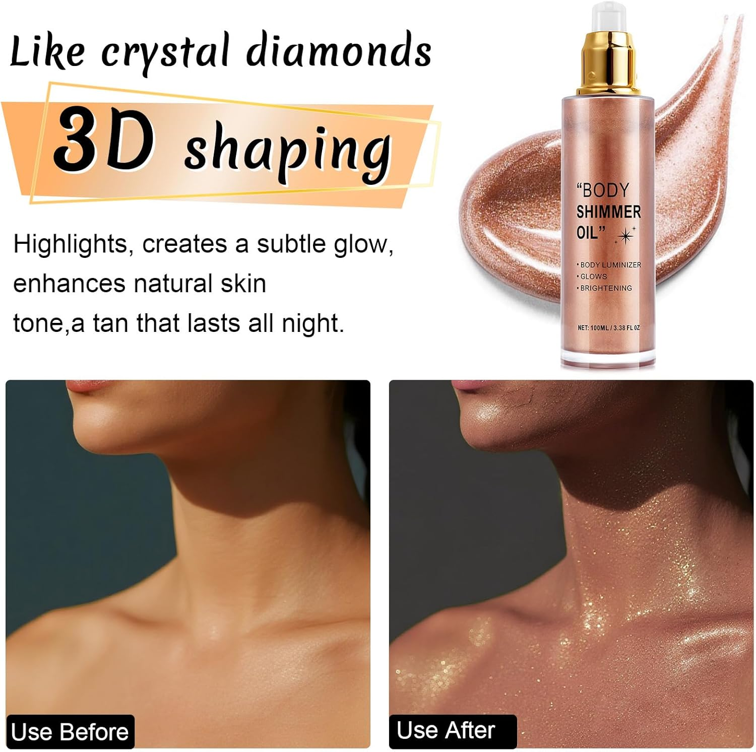 Shimmer Body Oil, Rose Gold Natural Glow Luminizer, Long Lasting Moisturizing Body Glow Oil for Glow Skin, Luminizer Brighten, All Skin Types 100Ml image number 5