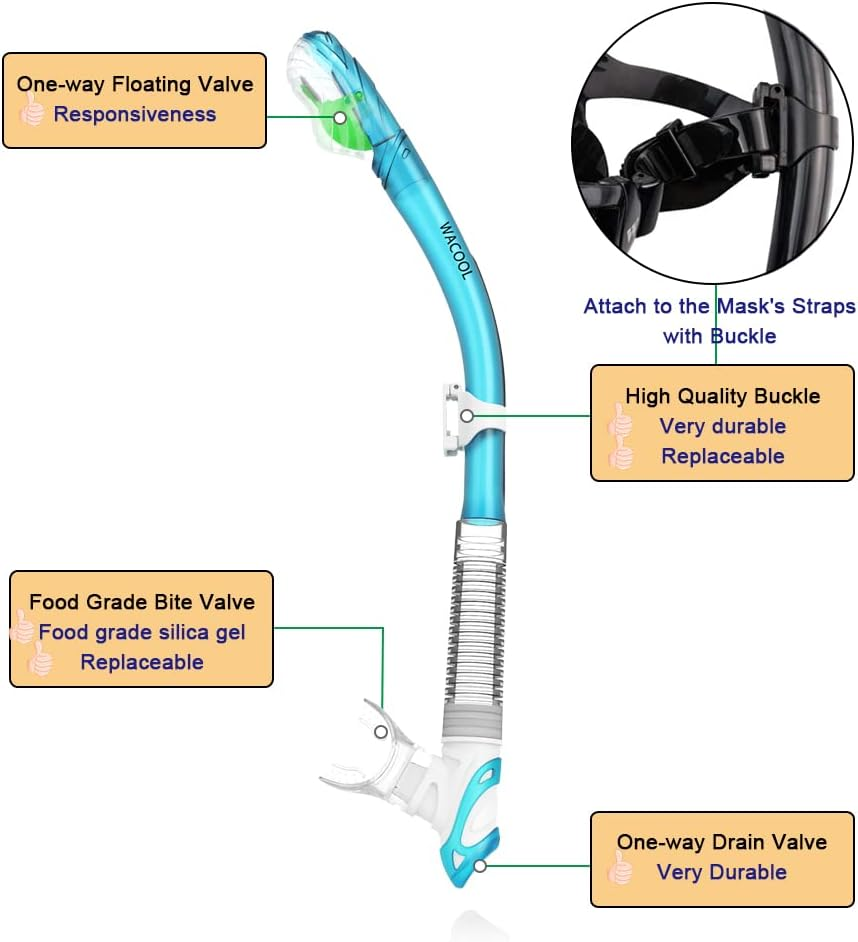 WACOOL Professional Adults Teens Kids Snorkeling Snorkel Diving Scuba Package Set with Anti-Fog Coated Glass Purge Valve and Anti-Splash Silicon Mouth Piece for Men Women image number 6