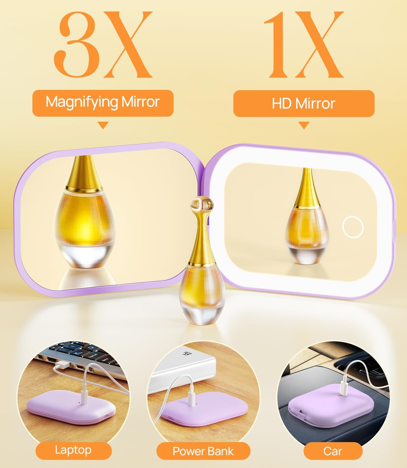 Gospire Lighted Compact Mirror with Light and Magnification 1X/3X, Stepless Dimming and Three-Color Adjustable Lights, Rechargeable Battery and Compact Size for Purse and Travel -Purple - Green image number 6