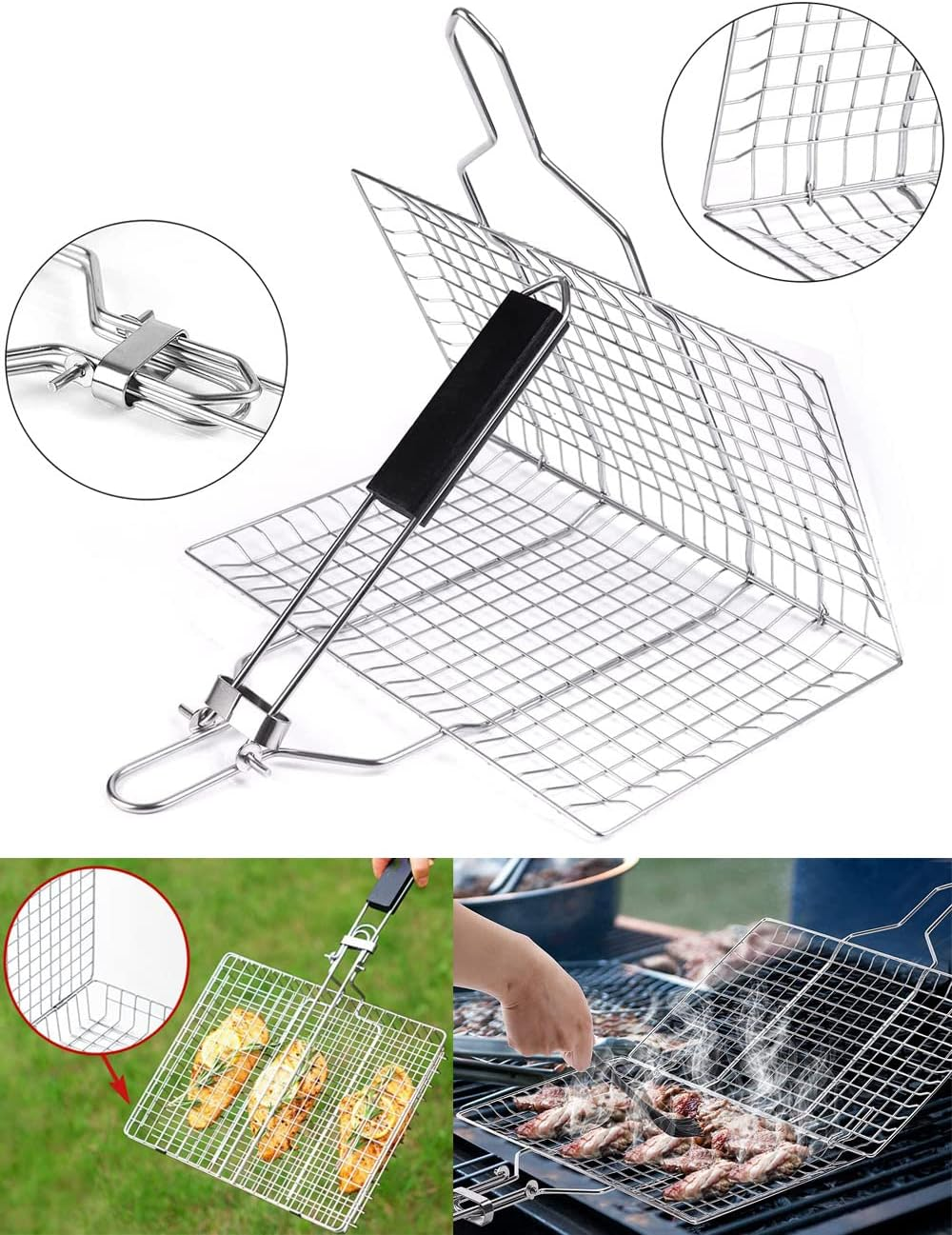 Barbecue Grill Basket with Handle, Stainless Steel Vegetable Grill Basket Value Set, Portable Fish Barbecue BBQ Grilling Basket, Foldable Non Stick Wire Mesh Net Clip for Steak Outdoor Camping (32CM)