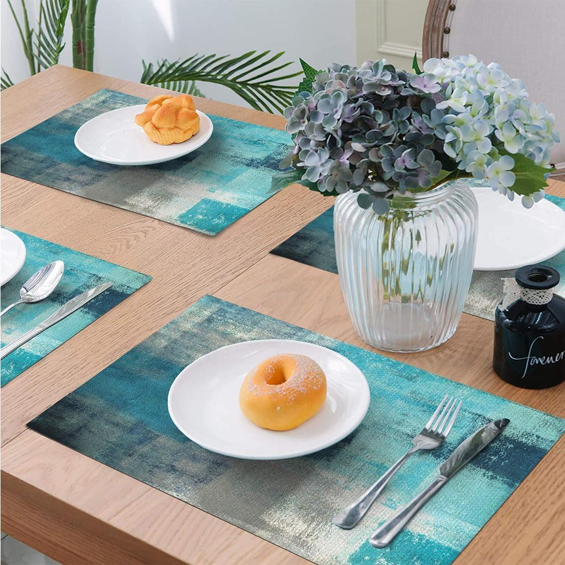 Linen Placemats Set of 4, Washable Modern Style Art Place Mats Set, Heat Resistant Non-Slip Table Mats Linen Teal Placemat for Cafe Dining Table Home Kitchen Decor (Turquoise Grey) image number 6