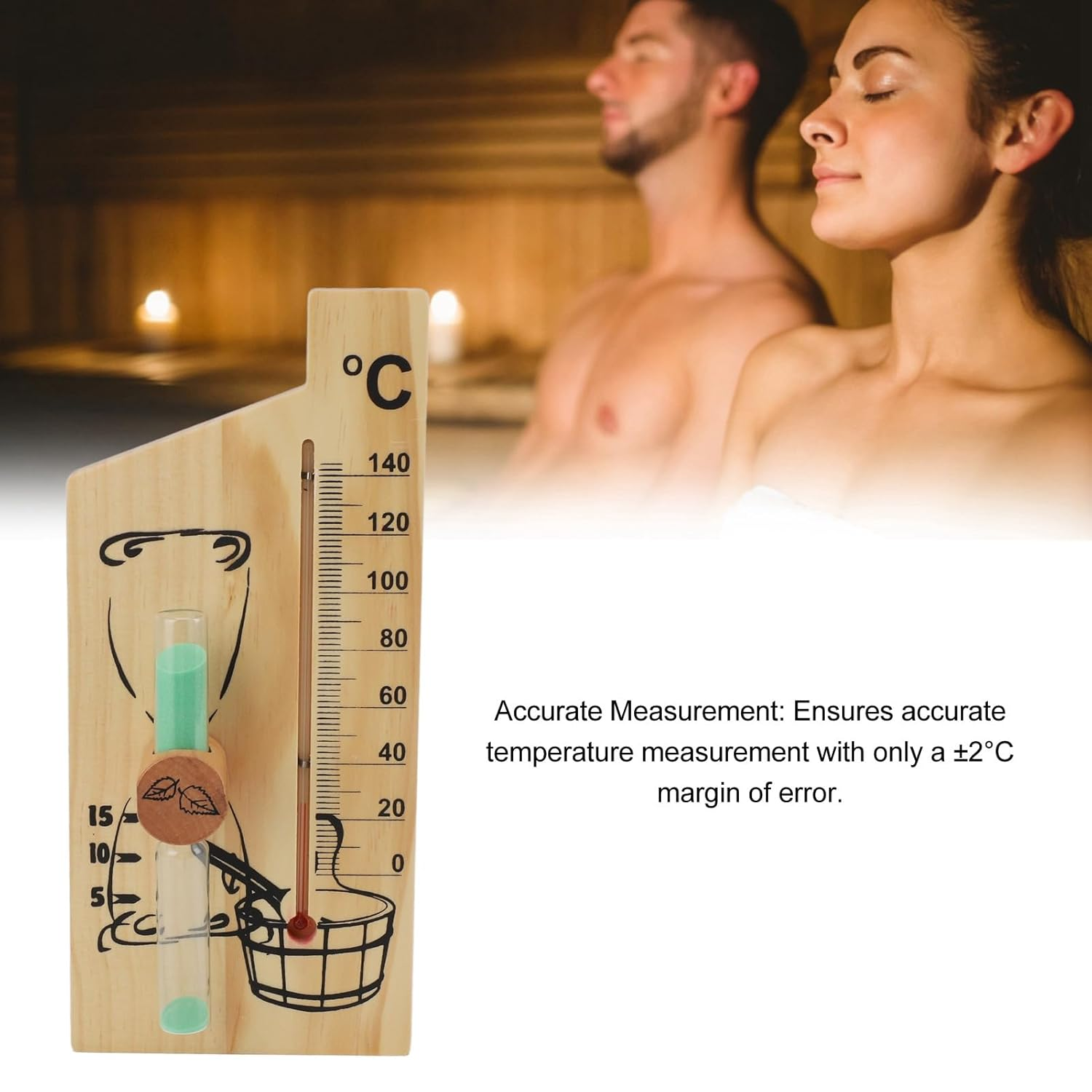 Sauna Thermometer Sand Timer, 2 in 1 15 Minute Hourglass Sand Timer 0 to 140℃ Sauna Thermometer Wall Mount Wooden Sauna Temperature Gauge Sauna Sand Timer for SPA Room image number 3