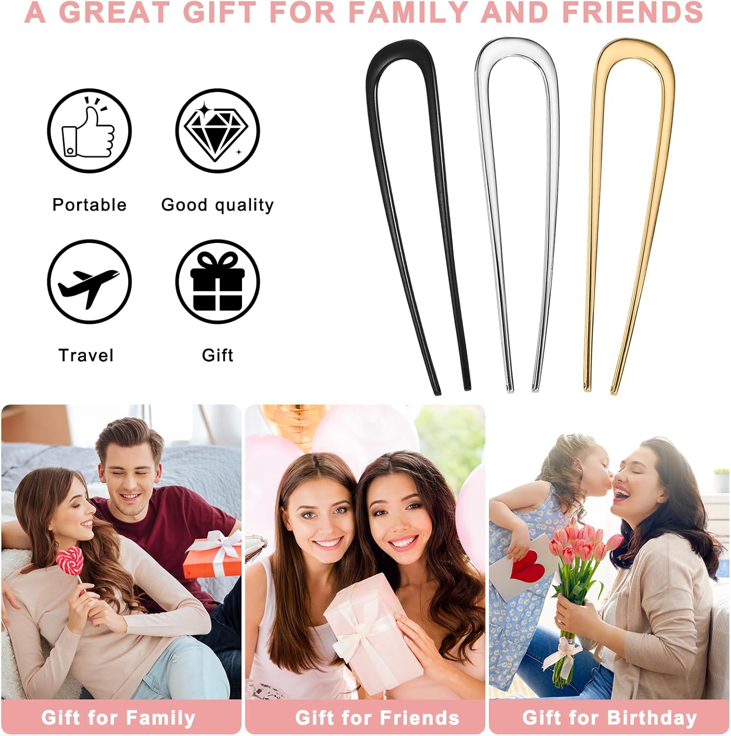 YONOY 3Pcs Metal French Hair Pins,U-Shaped Long Chignon 2 Prong Sticks for Buns, French Twist Hair Pin, Hair Sticks, Hair Fork(Black, Gold, Silver) image number 3