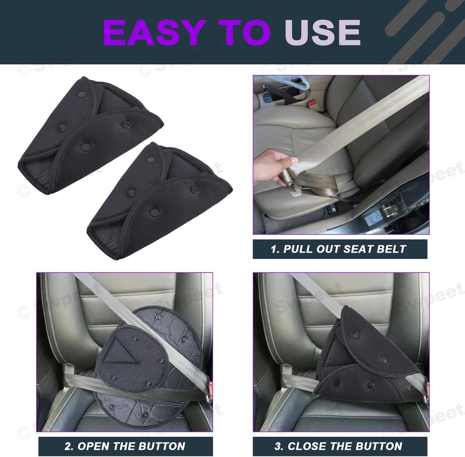 Swpeet 2Pcs Black 7.3 X 9.1 Inches Seat Belt Adjuster, Auto Shoulder Neck Strap Adjuster Strap Protector Pad, Safety Strap Triangle Positioner Seat Belt Clips Ideal for Adult Toddler Baby Child image number 6