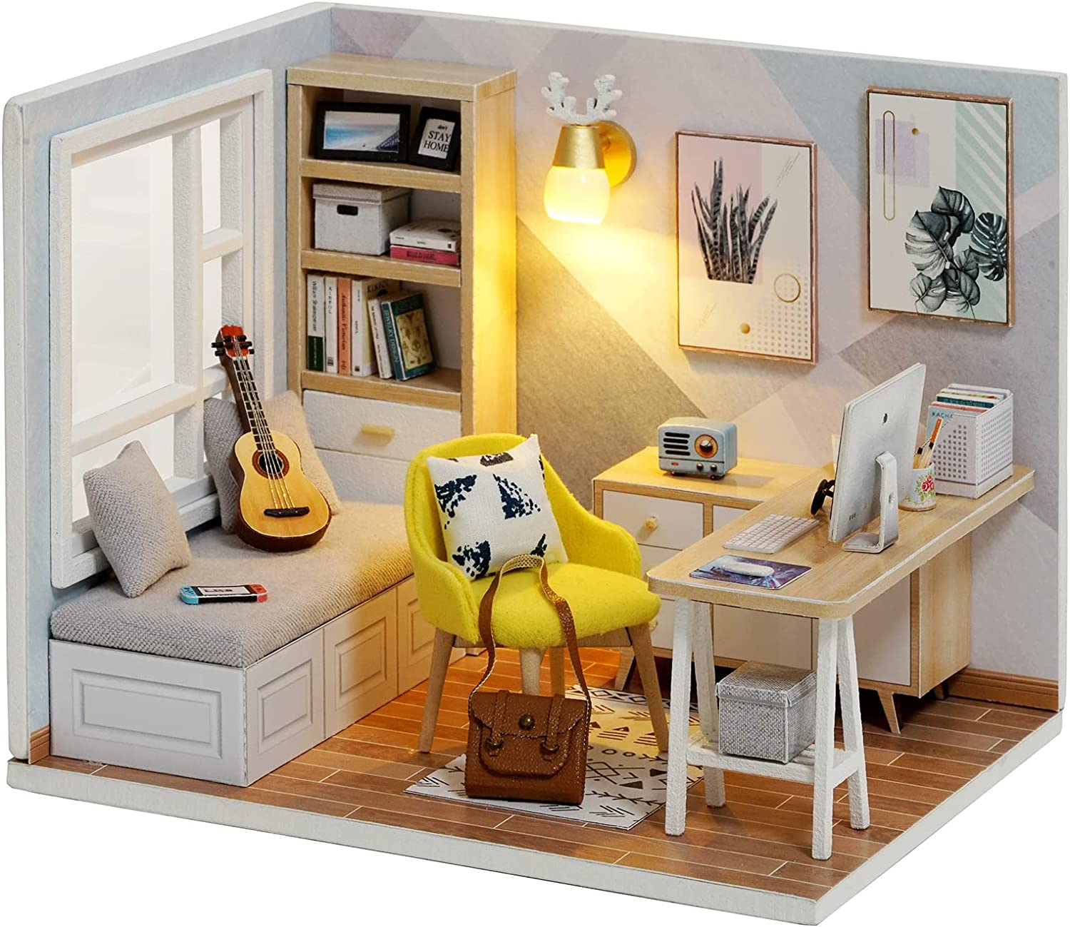 DIY Miniature Dollhouse Kit with Furniture,Wooden Doll House plus LED Lights & Dust Cover, DIY House Kit, Mini House Building Kit(Study Room)