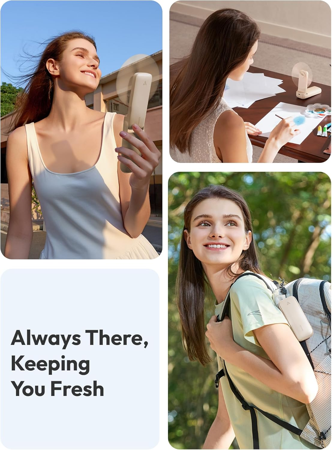 Aecooly Slim Portable Fan, Thin Handheld Fan, USB Rechargeable Mini Personal [17H Max Cooling Time], Battery Powered Small Foldable Pocket for Travel, Summer, Gifts for Women, Girls -Beige image number 6