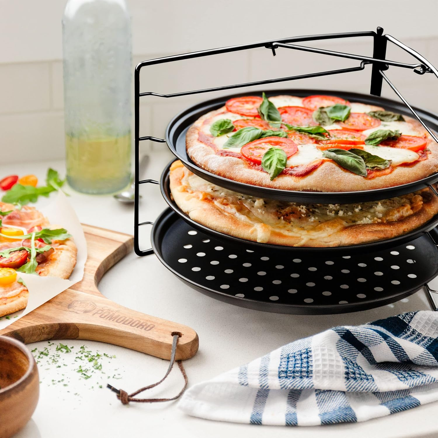 Chef Pomodoro Pizza Baking Set with 3 Pizza Pans and Pizza Rack, (11-Inch Pans), Non-Stick Perforated Pizza Trays for Oven, Grill, Pizza Pan with Holes, Pizza Pan for Oven, Barbeque, Bakeware Supplies image number 4