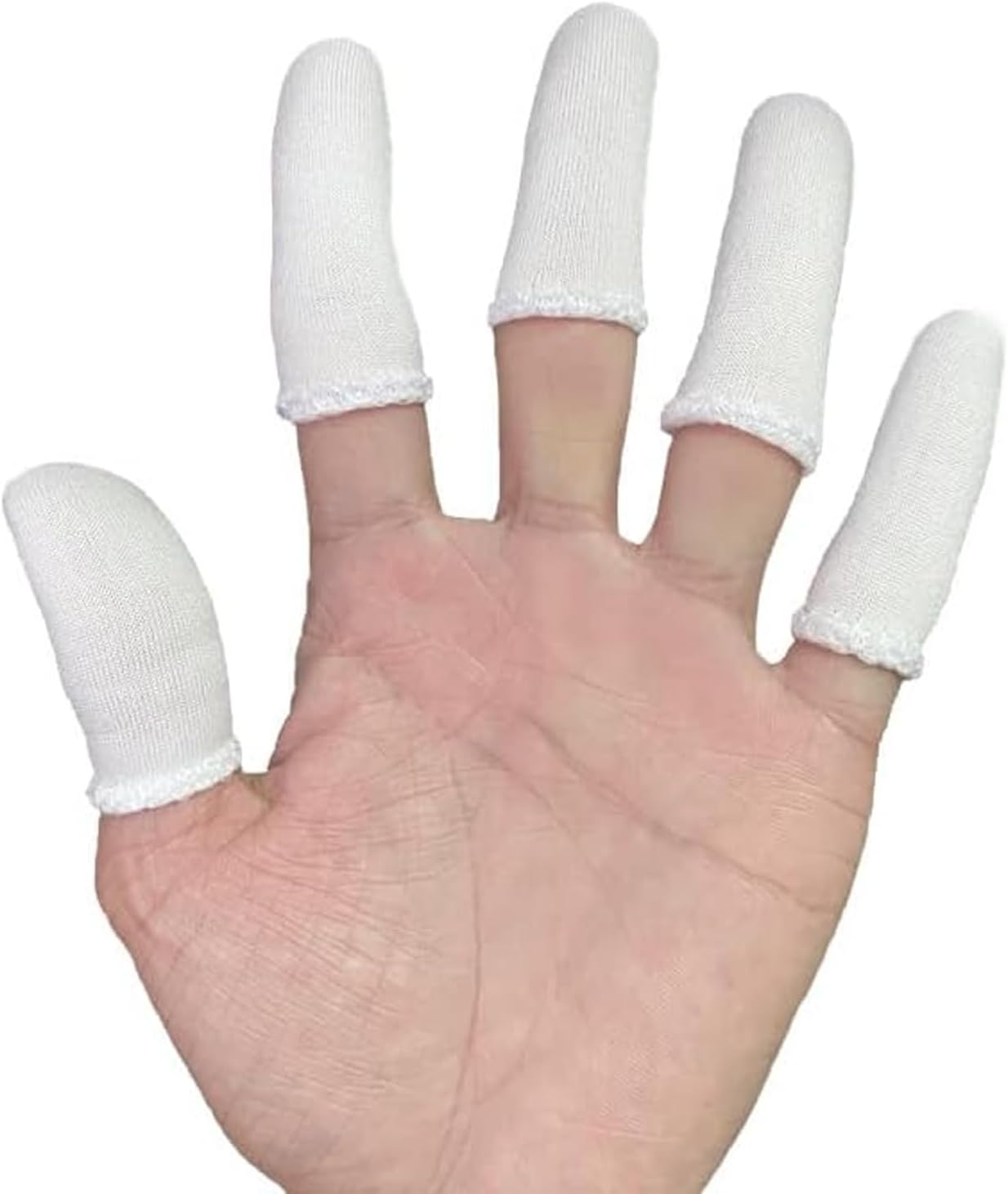 Cotton Finger Cots, 50 Pcs Cloth Finger Cots Finger Toe Sleeves Fingertips Protective Cover, White Finger Cots Finger Protectors, Thumb Protector for Finger Tips Comfortable and Breathable image number 1