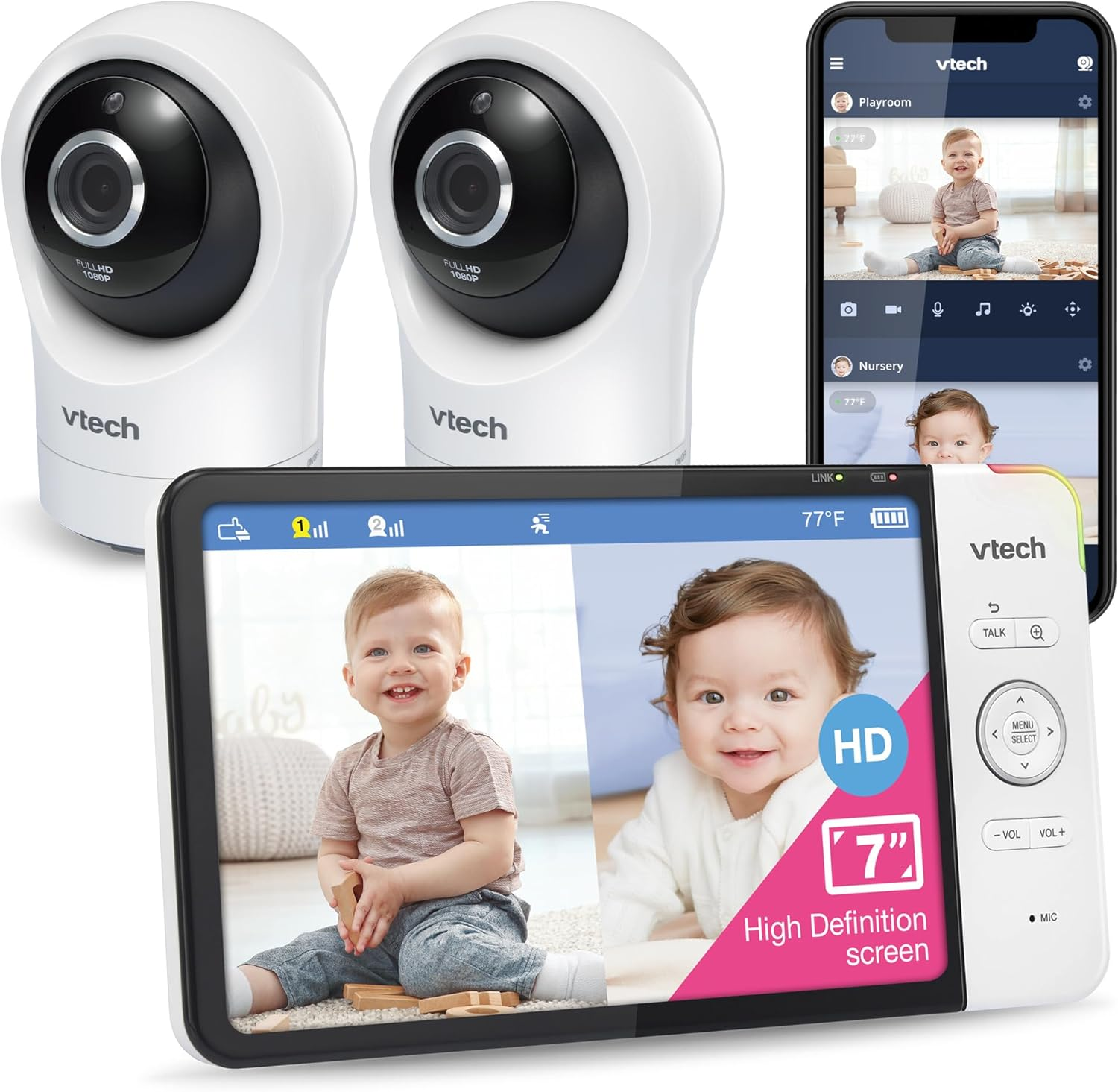 Vtech RM7764-2HD Smart Wifi 2 Camera Babymonitor, 360&deg; Pan&Tilt, 10X Zoom, 7&rdquo; HD Display & Nightvision, Soothing Sounds, 2-Way Talk, Temperature & Motion Detection image number 6