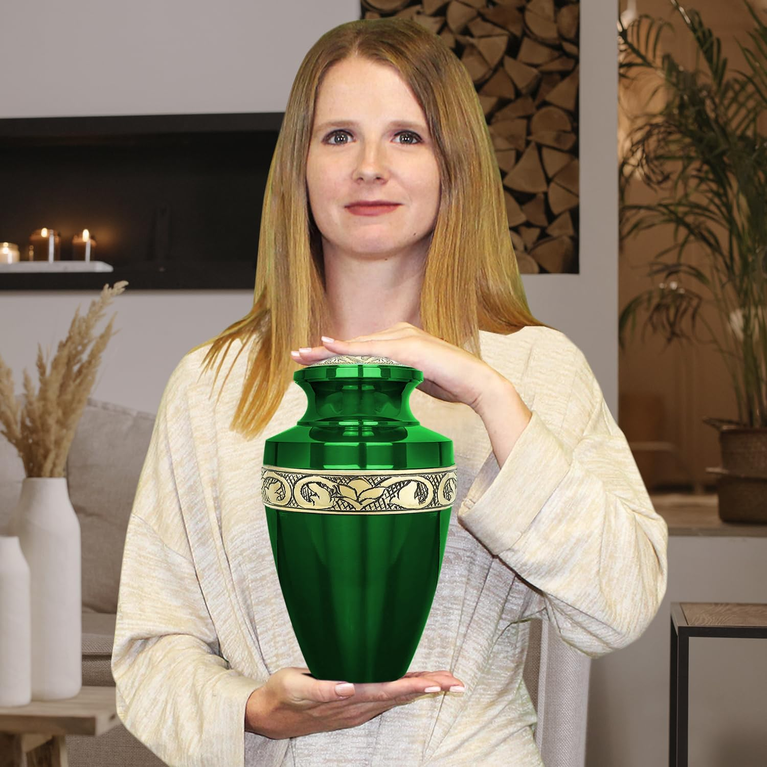Serenity Large Green Beautiful Adult Cremation Urn for Human Ashes - W Velvet Bag image number 3