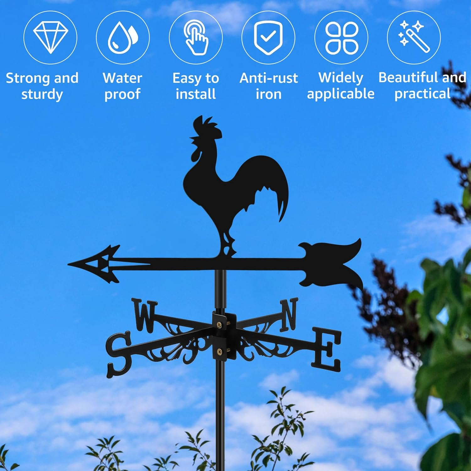 Chicken Wind Vane Rustproof Wind Direction Indicator Decorative Rooster Weathervane Black Weather Vane Large Weather Vane Ornament European Style for Patio Roof Gardens Decoration image number 5