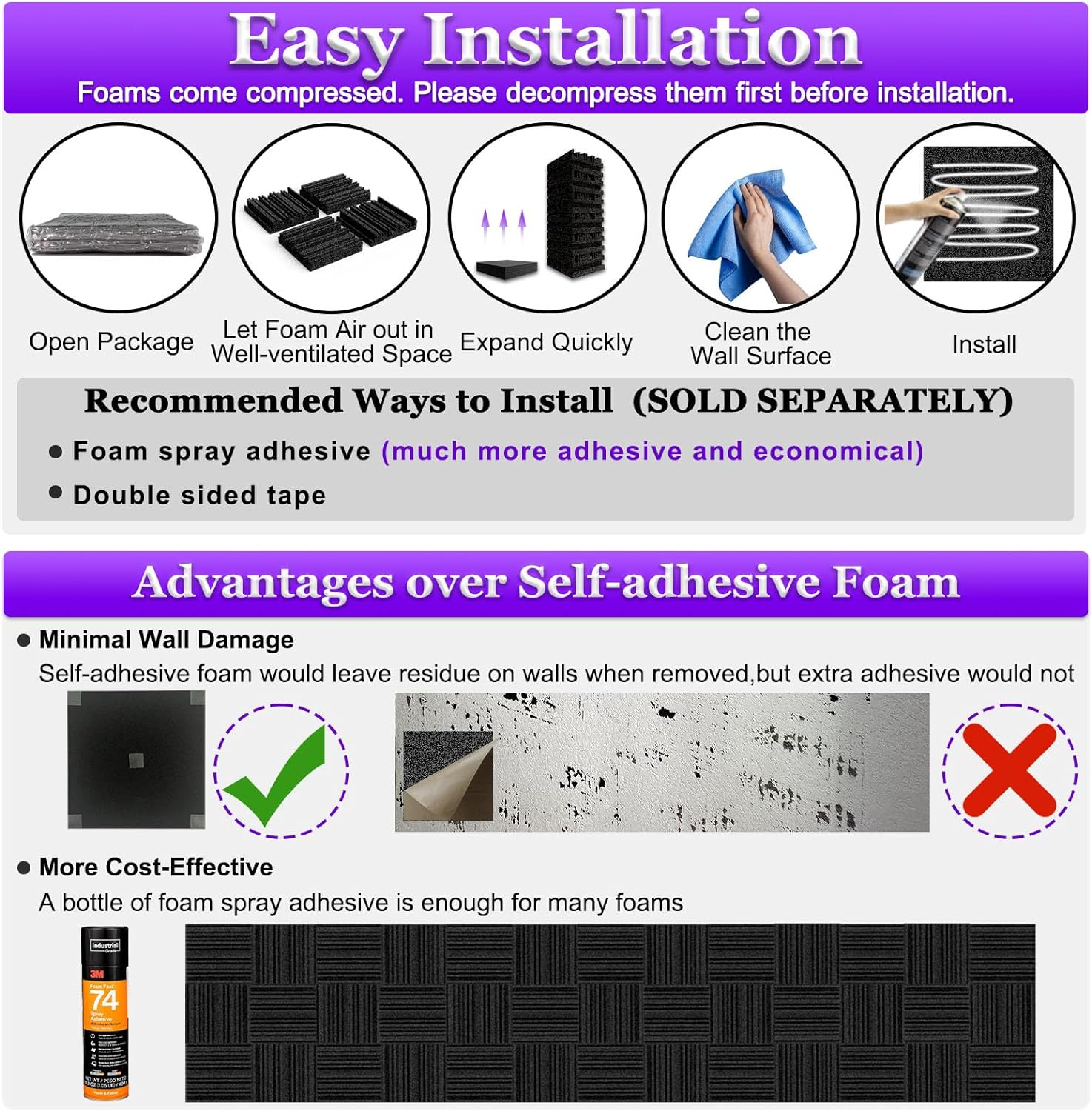 BXI Thick Acoustic Foam Panels, 30 X 30 X 5 Cm 18 Pcs Broadband Sound Absorbing Foam, Dense Soundproof Padding Tile, Recording Studio Foam Absorber, Groove Decorative 3D Wall Ceiling Panel image number 4