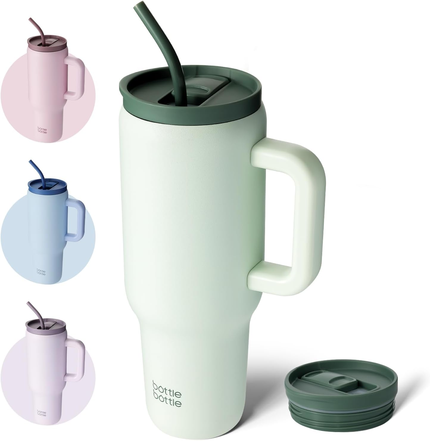 BOTTLE BOTTLE 40Oz Tumbler with Straw and Lid Insulated Travel Mug 1180Ml Stainless Steel Car Coffee Cup with Handle for Gifts Party Office (Green) image number 6