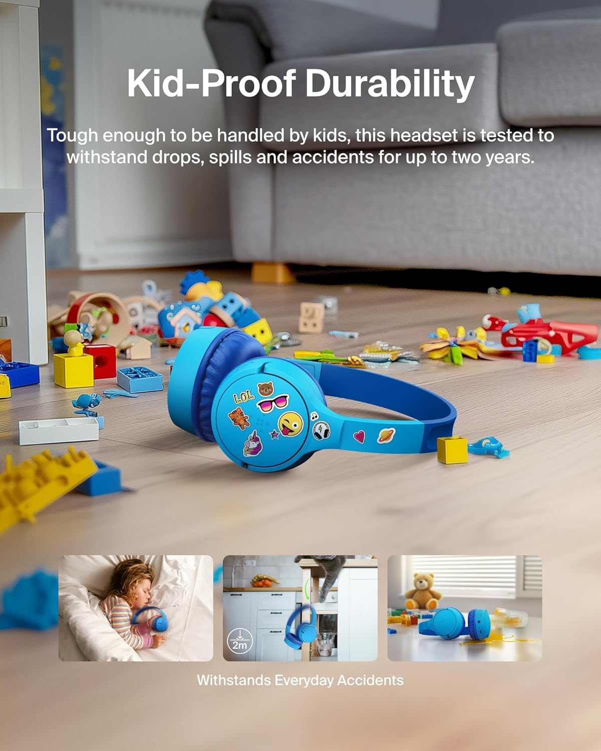 Belkin Soundform Mini Wireless Kids Headphones with Built-In Microphone and Fun Stickers, 30 Hours Playback - Over-Ear Headphones for Teaching, Holidays, Iphone, Ipad, Galaxy - Blue