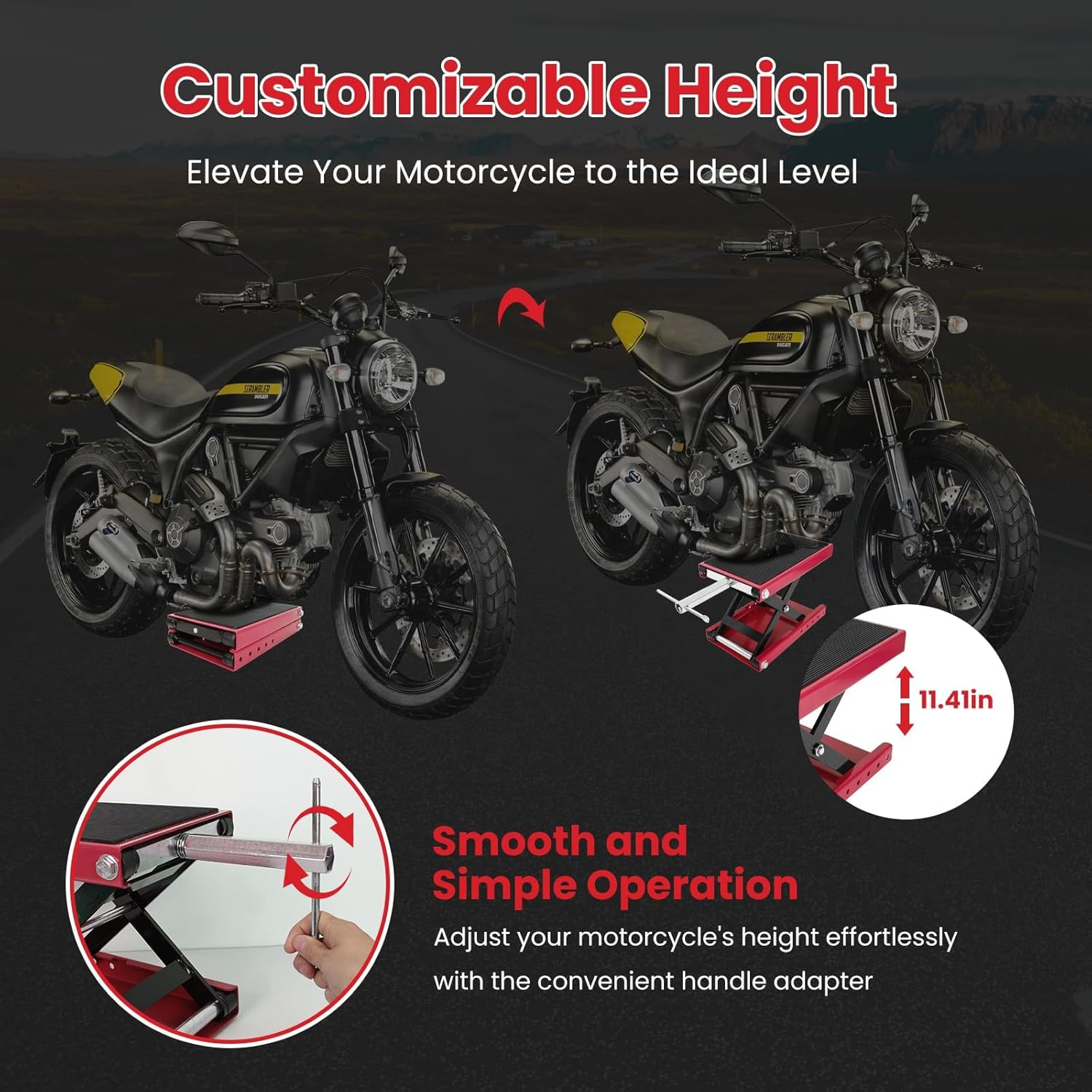 Motorcycle Lift, 500 KG/1100 Lbs Capacity Motorcycle Scissor Jack with Upgraded Anti-Slip Bottom and Thickened Rubber Wide Deck,Steel Motor Bike Hoist Stand with Crank for ATV, Cruiser Bikes image number 3