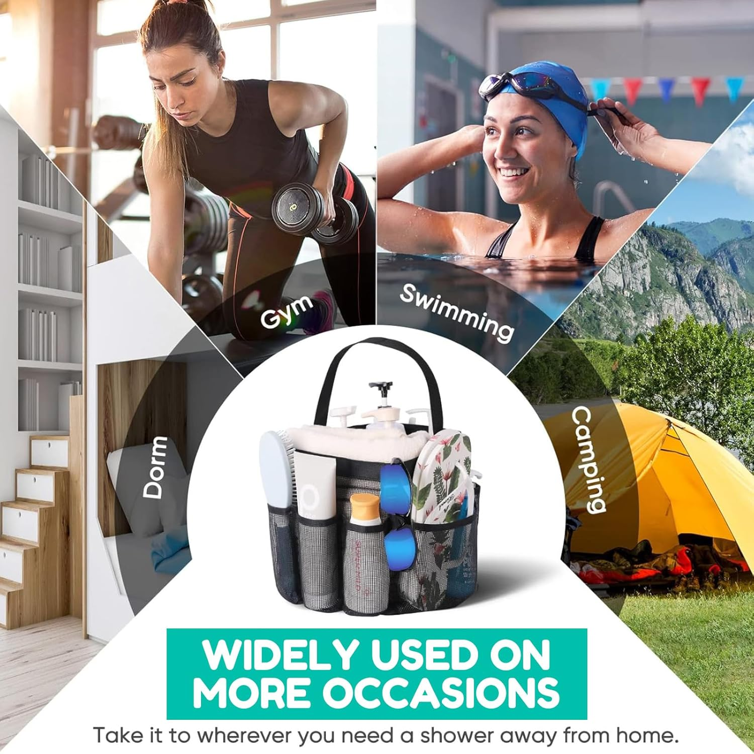 RIKONDA Heavy-Duty Mesh Shower Organizer with Reinforced Base, 8 Compartments for Travel, Gym & Dorm Essentials | 15X15X2Cm | 100G image number 2