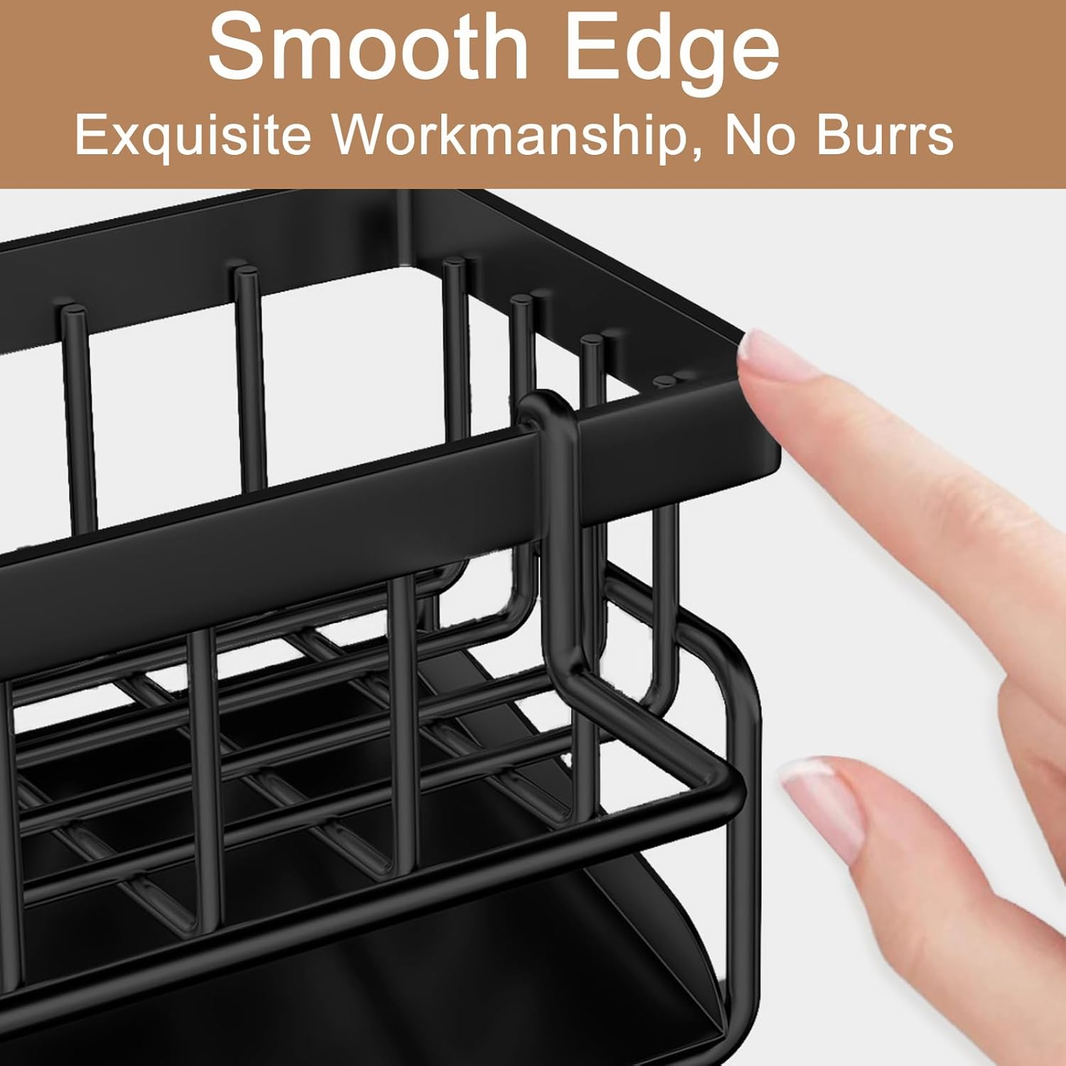 Merrynine Kitchen Sink Caddy Organizer with Brush Holder, Rustproof Stainless Steel Sponge Holder for Kitchen Sink with Self Draining Tray, Dish Soap Scrubber Brush Dishcloth Holder, Black