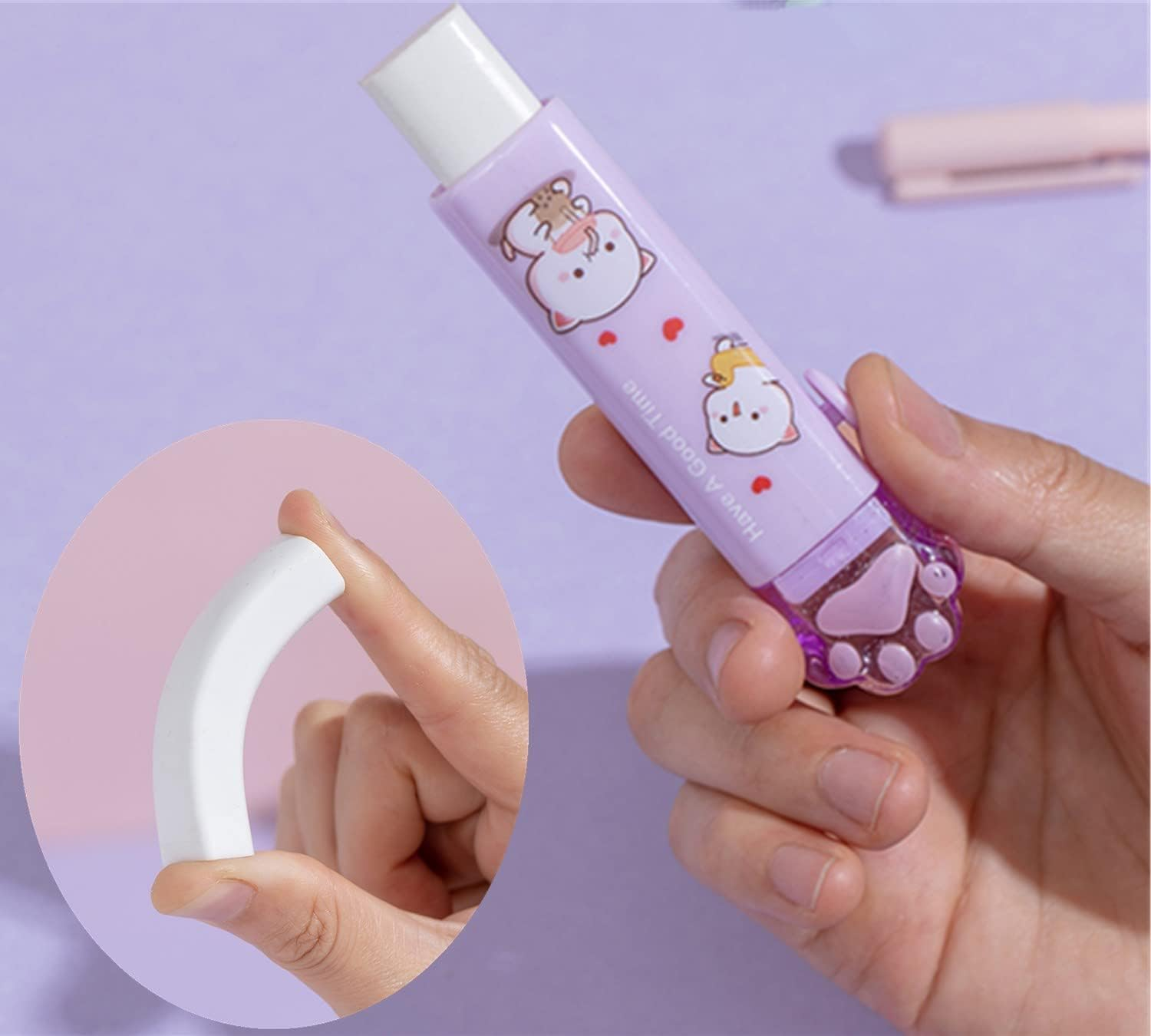 Cat Paw Shaped Cute Push Pull Design Retractable Pencil Erasers for Kids, 4 Colors,Fun Party Favor & School Supplies, Kawaii Drawing Eraser for Boys and Girls (SZE04A) image number 3