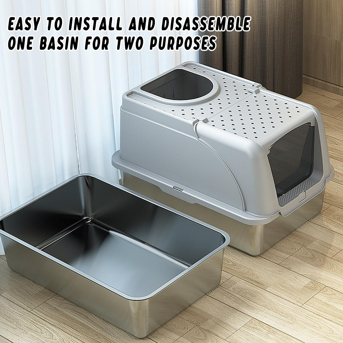 AIMALL Stainless Steel Cat Litter Basin with Flip Cover, Anti-Splash, Anti-Stick Bottom, Elevated Cat Toilet, Easy to Install and Disassemble image number 4