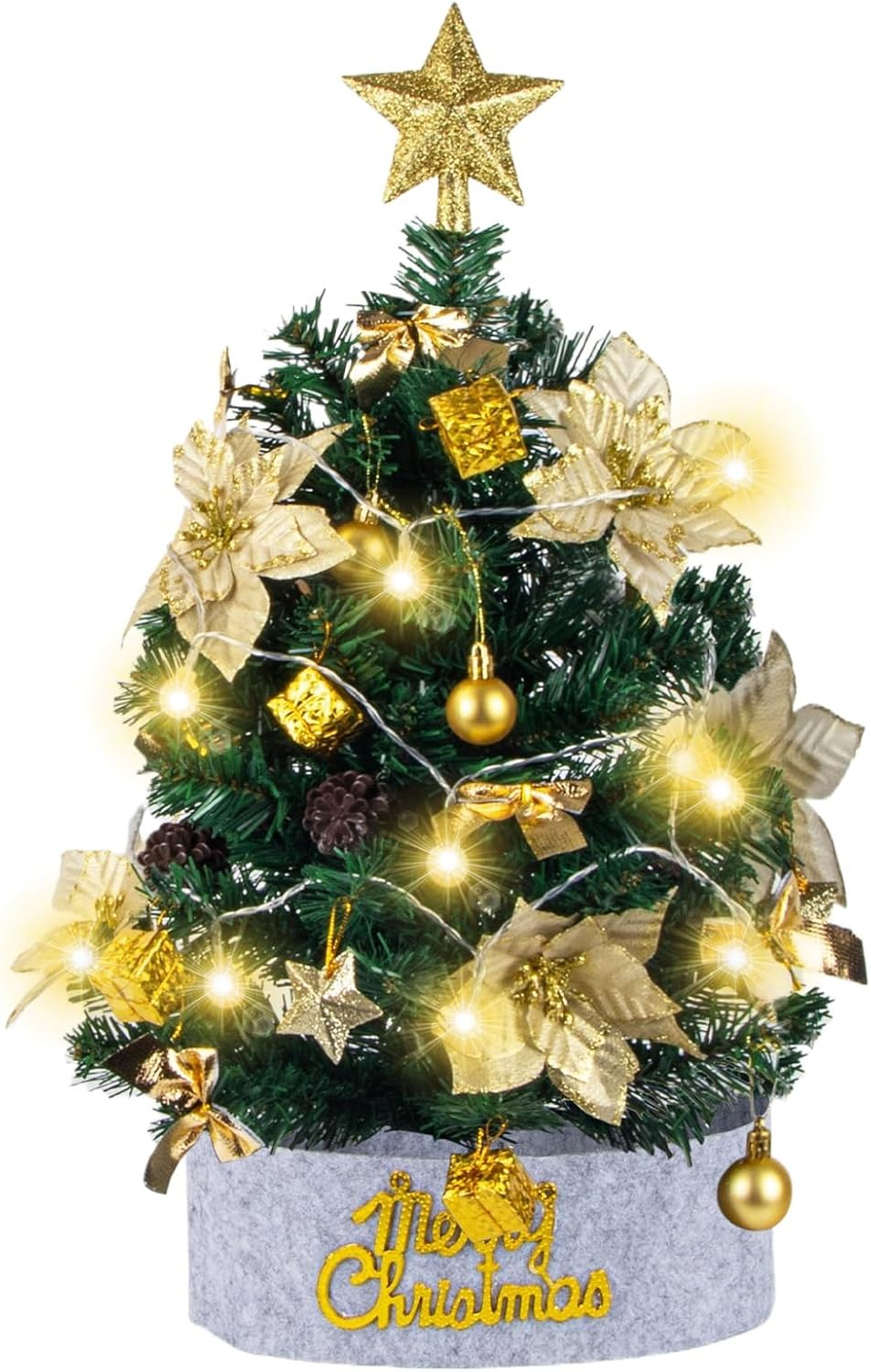 Ninonly 60CM Mini Christmas Tree with 20 LED Lights, Artificial Small Tabletop Flocked Christmas Tree with Star Tree Topper, Flower, Gift Box, Ball, Xmas Tree Decorations for Christmas Decor image number 1