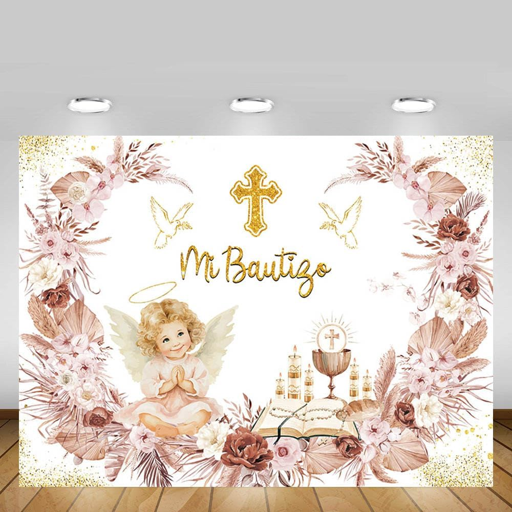 MEHOFOND 2.1 X 1.5 M Girls Christening Decoration Background Mi Bautigo Cross Bohemian Flower Photography Background First Communion Church Christening Party Decoration Banner Studio Supplies image number 3