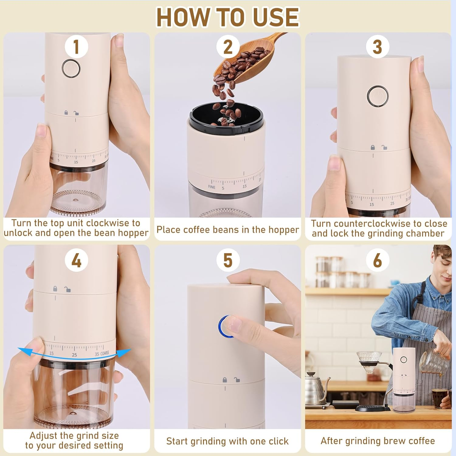 Rechargeable Coffee Grinder, Electric Coffee Grinder, Portable Small Coffee Grinder, Rechargeable, 38 Coarse Grain Setting, Espresso Coffee Grinder for Travel, Camping (Cream) image number 4