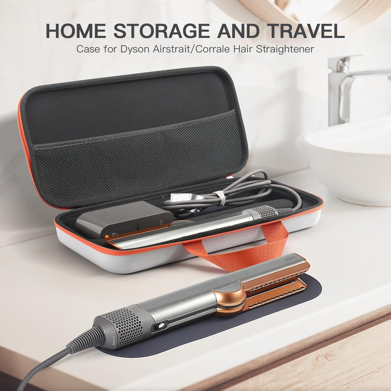 Buziba Travel Carrying Case for Dyson Airstrait HT01 Hair Straightener Hard Protective Case Storage Bag Layer Hair Accessories Tools Orgnizer (Gray and Orange) image number 6