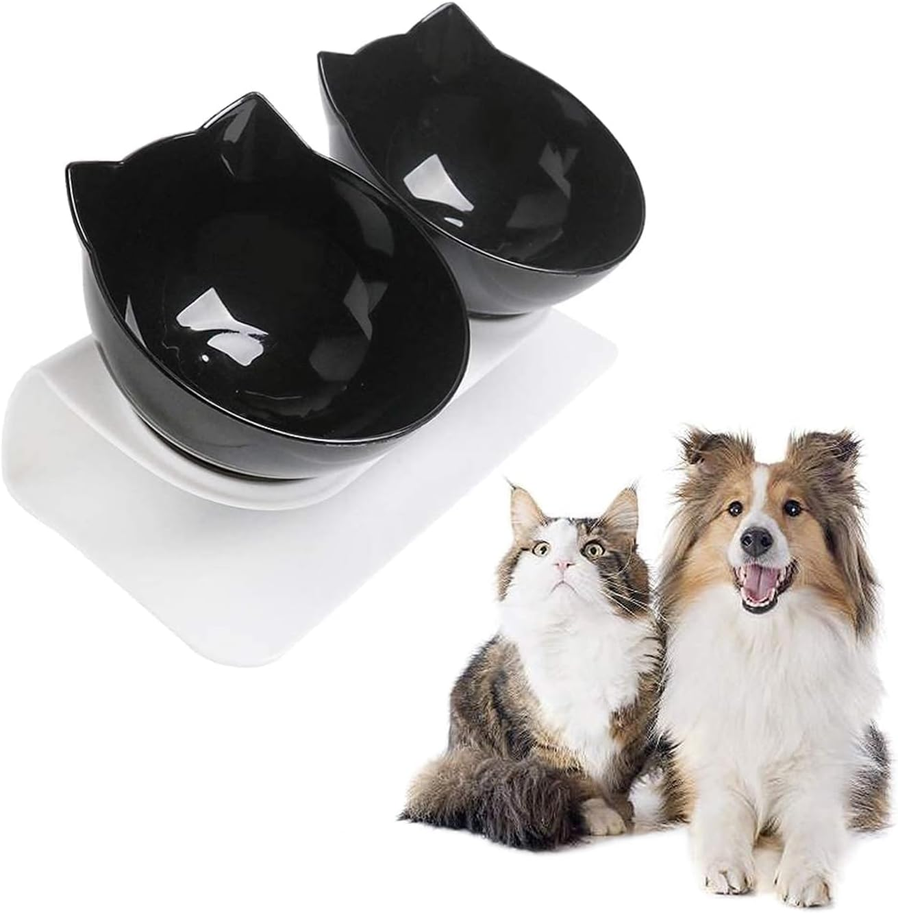 Cat Bowls Double Elevated with Raised Stand, 15&deg;Tilted Cat Bowl Design Neck Guard Stand Raised Pet Food Water Feeder Bowl for Indoor Cats and Small Dogs Kitten Dishes Rabbits (Black) image number 5