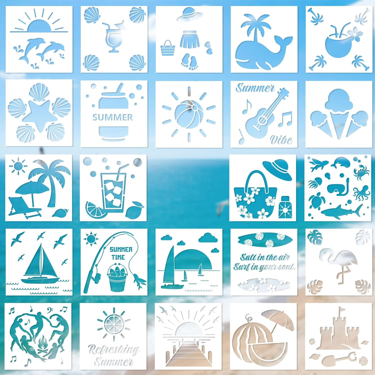 Tinoaly 24Pcs Summer Stencils for Painting, 8X8In Reusable Beach Ocean Themed Stencils with Coconut Watermelon Whale Tropical Styles for Wood Rock Canvas DIY Crafts image number 2