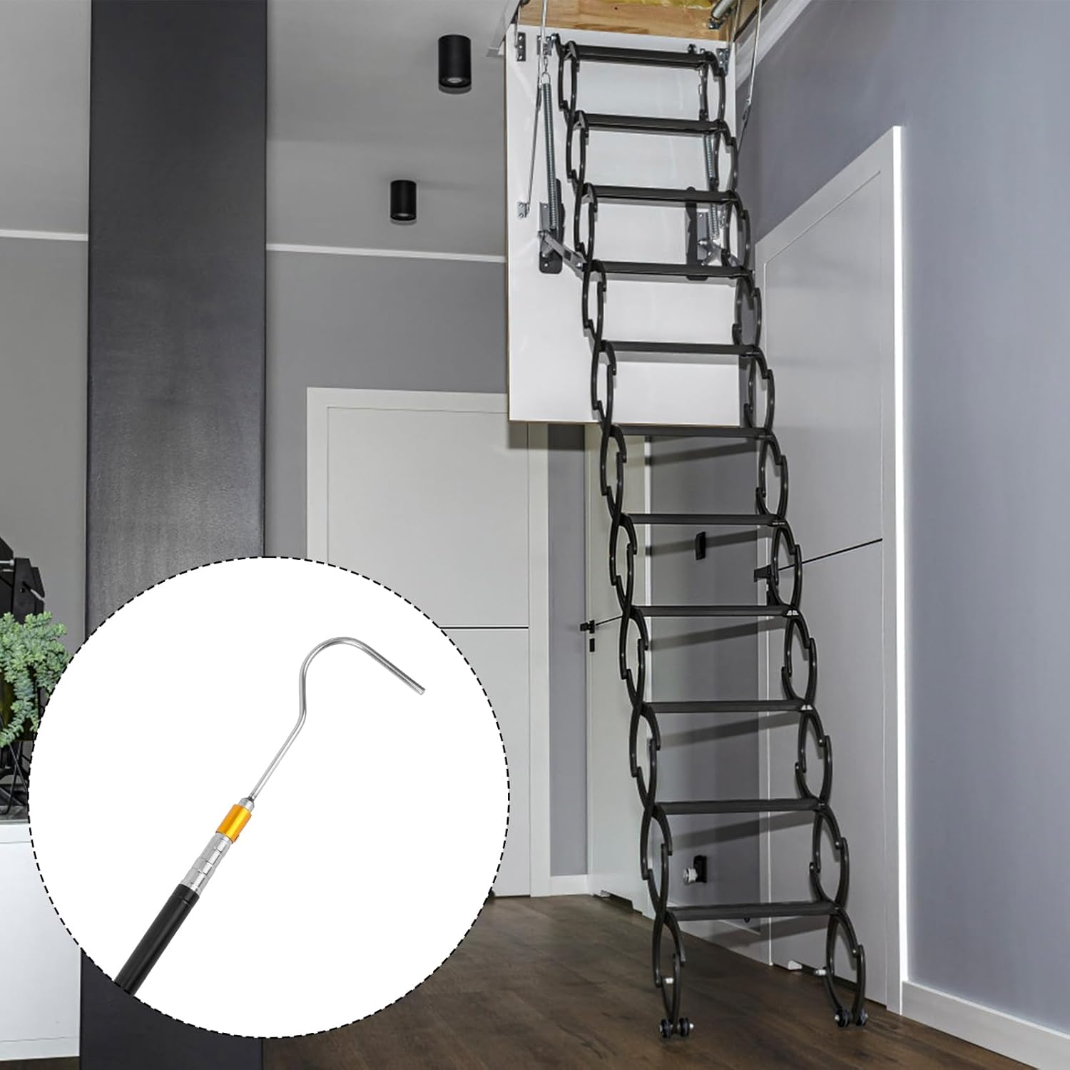 Ladder Pull down System Kit, Practical Attic Ladder Pull down System Kit with up to 64In Retractable Tie Rod with Hook M4 Screw Screw Nut Attic Ladder Tools and Accessories image number 5