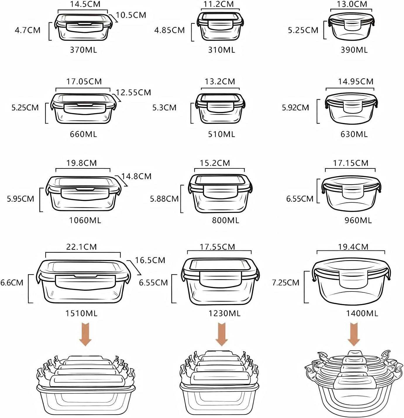 17 Pack Glass Food Storage Containers with Airtight Lids, Food Containers, Glass Lunch Containers, Kitchen Storage & Organisation for Oven, Microwave, Dishwasher and Freezer (Black) image number 5