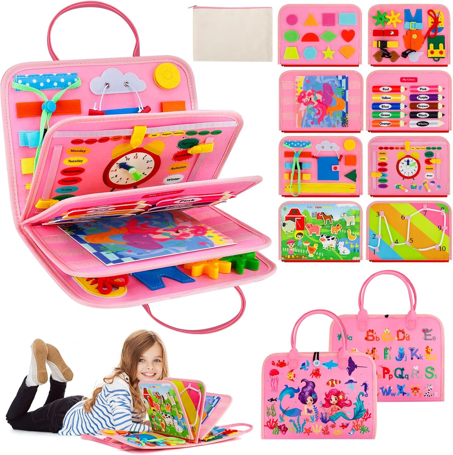 Busy Book Quiet Book Educational Activities Busy Board for Preschool Montessori Toys for Toddlers Felt Sensory Toys Toddler Travel for Plane Kids Travel Activity Pack Christmas Toy for Boys (Blue)