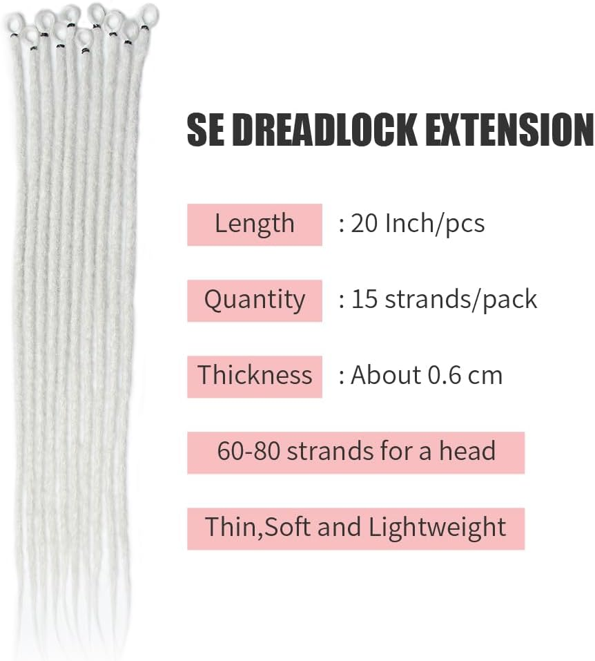 20 Inch Thin 0.6 Cm Dreadlocks Extensions Single Ended 15 Strands/Pack Soft Synthetic Faux Dreads Reggae Crochet Braided Dread Extensions (Single Ended, Se-Light Grey) image number 5