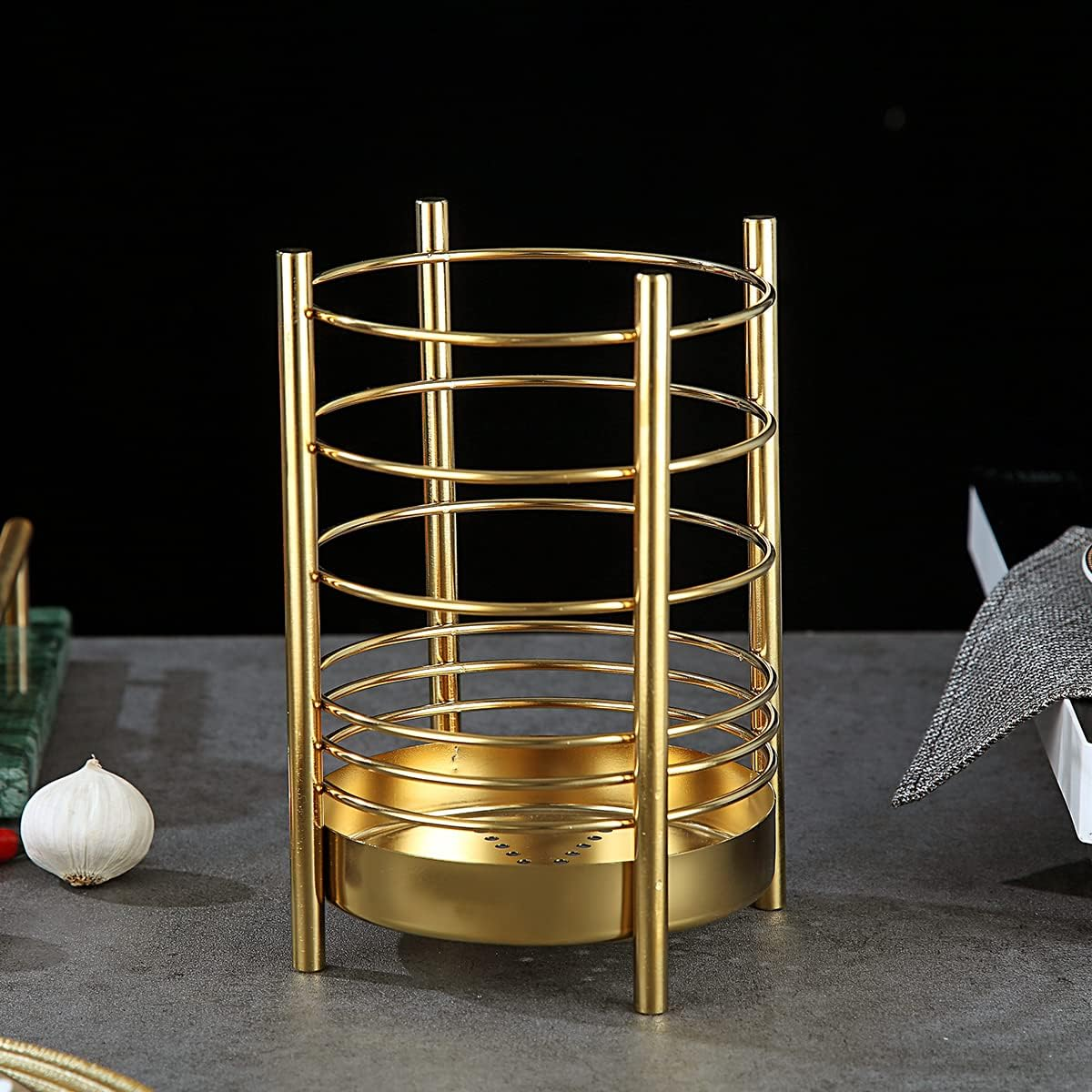 Gold Kitchen Utensil Holder for Kitchen Counter, Stainless Steel Utensil Crocks, Gold Titanium Coating Utensil Storage Caddy Organizer, Cooking Utensil Holder, Easy Cleaning (Gold/7.4''X5.2'') - 2. Black image number 5