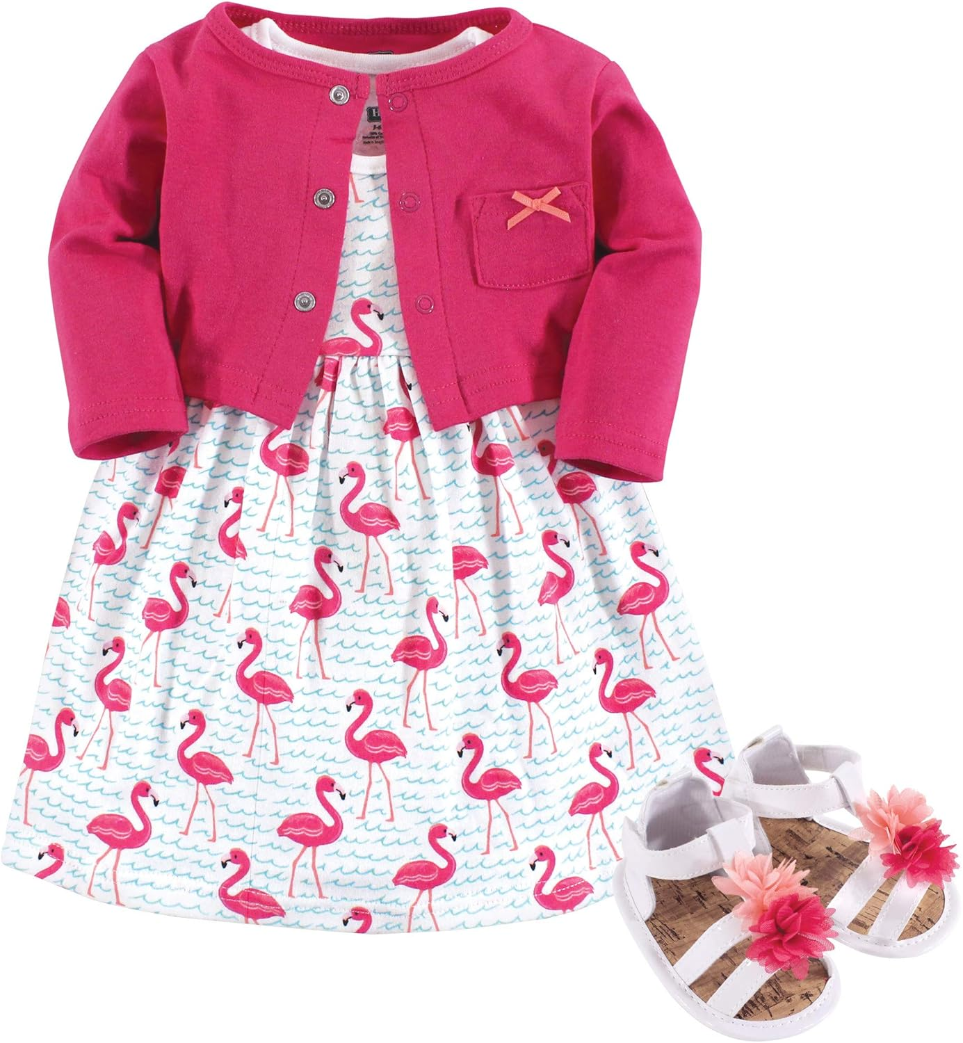 Hudson Baby Baby-Girls 3 Piece Dress, Cardigan, Shoe Set Long Sleeve Casual Dress - Pink