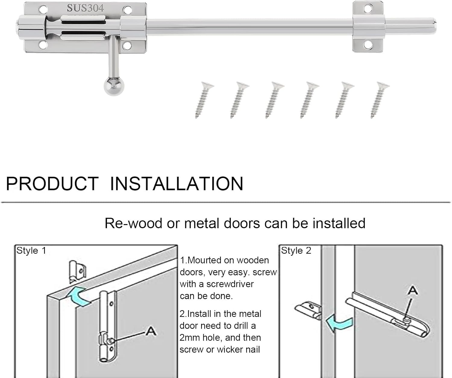 Slide Bolt Gate Latch, 2 Pack 10 Inch 304 Stainless Steel Barrel Bolt Latch with 8 Mm Padlock Hole, 10 Mm Bolt Heavy Duty Silver Sliding Latch Lock image number 4