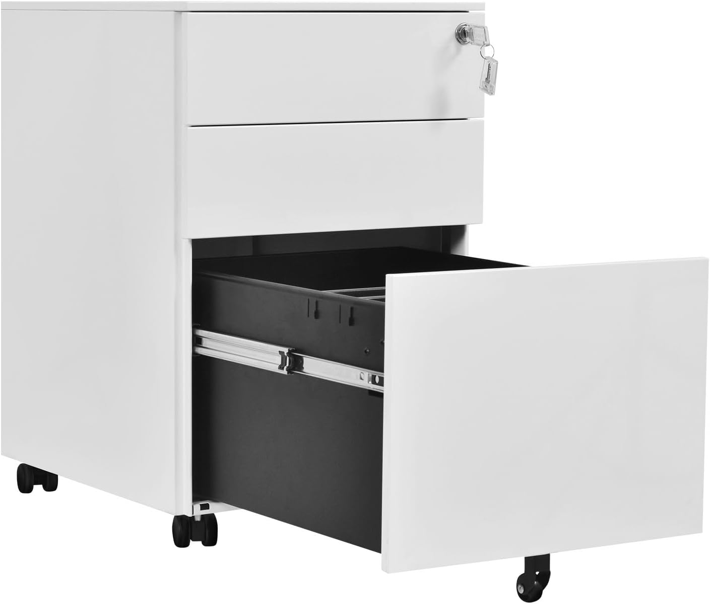 Steel File Cabinet 3 Drawers Metal Office under Desk Document Storage Furniture White Vertical Locking Mobile Filing Organiser Unit on 5 Wheels image number 5
